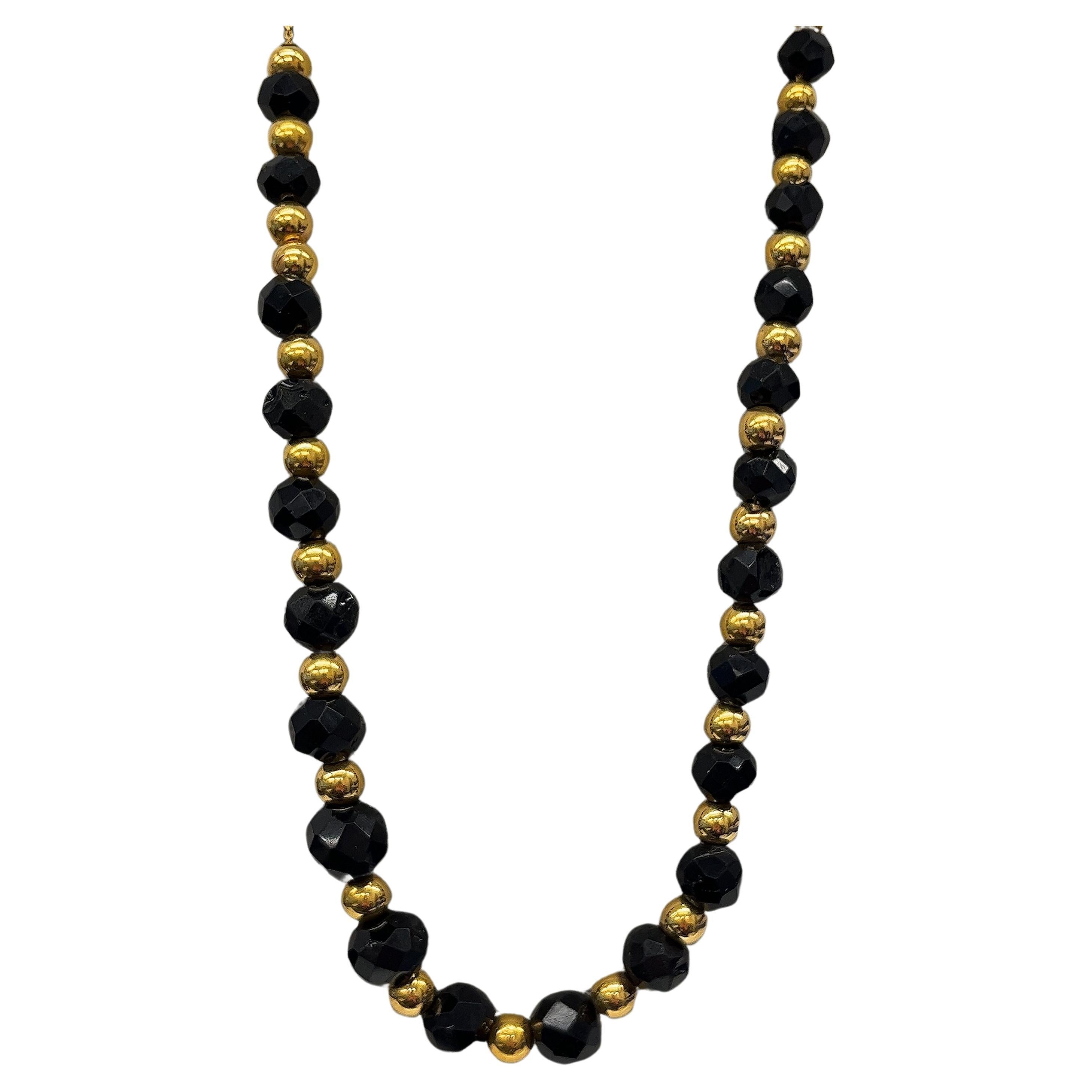Art Deco Whitby Jet Necklace Black Jet and 18ct Yellow Gold Bead Necklace