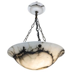 Antique Art Deco White Alabaster Pendant Light with Dark Veins, ca 1920