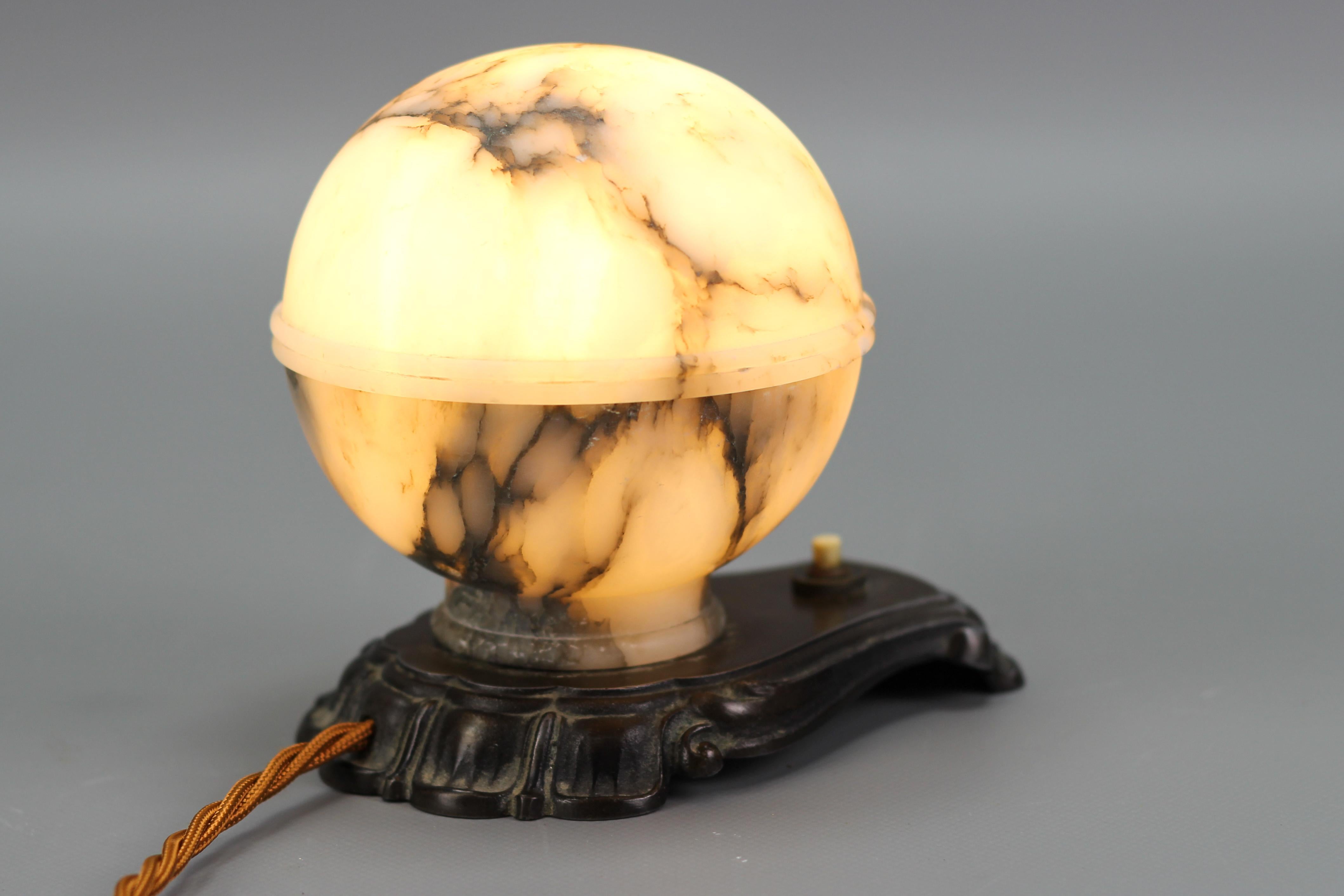 French Art Deco White and Black Alabaster Globe Sphere Night Lamp or Mood Lamp, 1930s For Sale