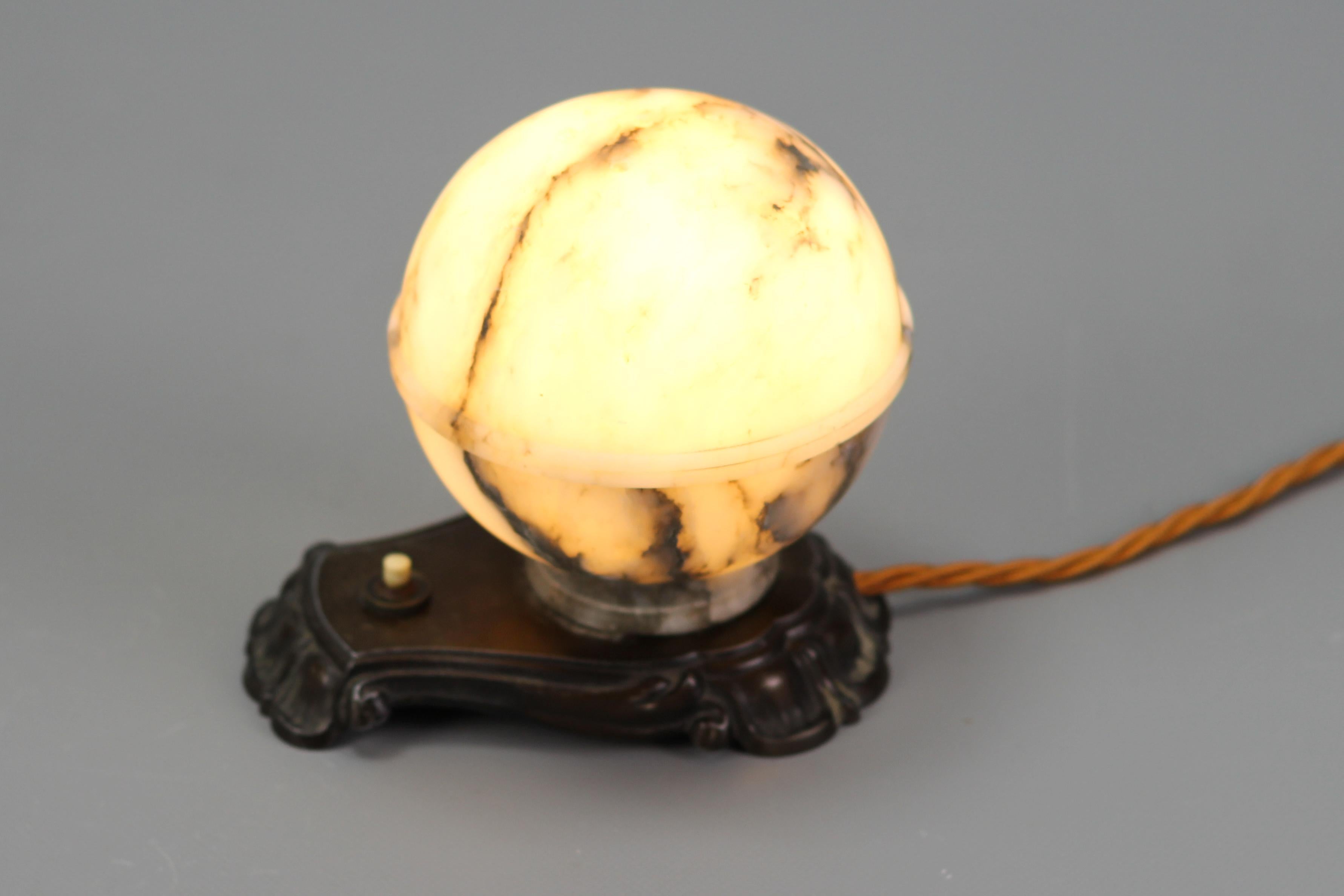 Metal Art Deco White and Black Alabaster Globe Sphere Night Lamp or Mood Lamp, 1930s For Sale