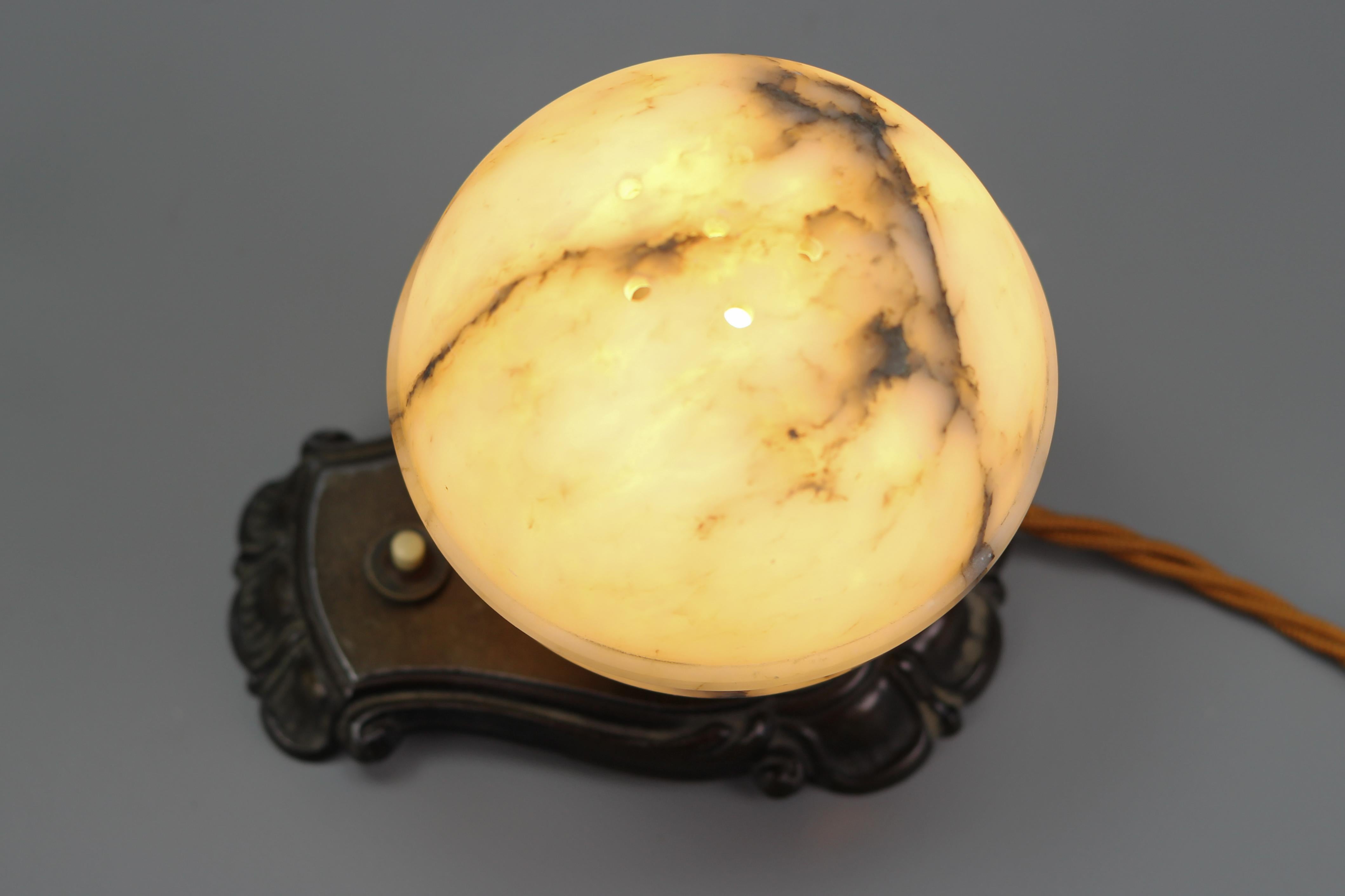 Art Deco White and Black Alabaster Globe Sphere Night Lamp or Mood Lamp, 1930s For Sale 2