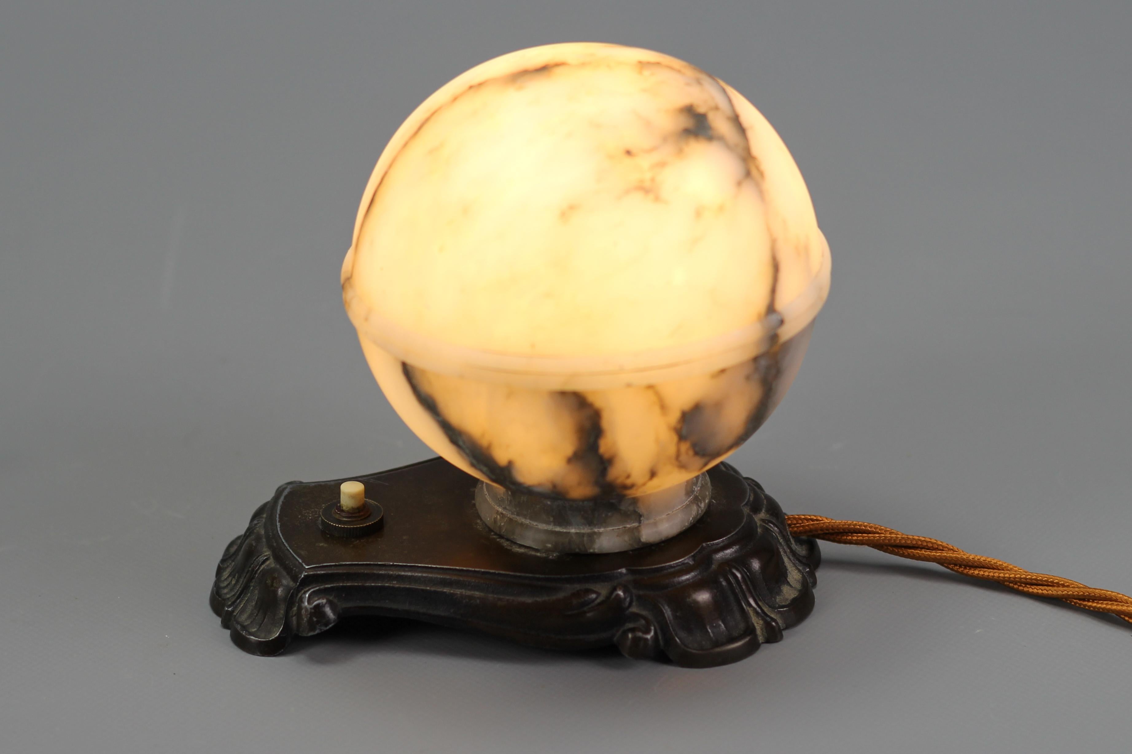 Art Deco White and Black Alabaster Globe Sphere Night Lamp or Mood Lamp, 1930s For Sale 3