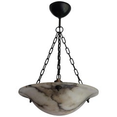 Art Deco White and Black Alabaster Pendant / Chandelier w. Chain and Canopy 1920