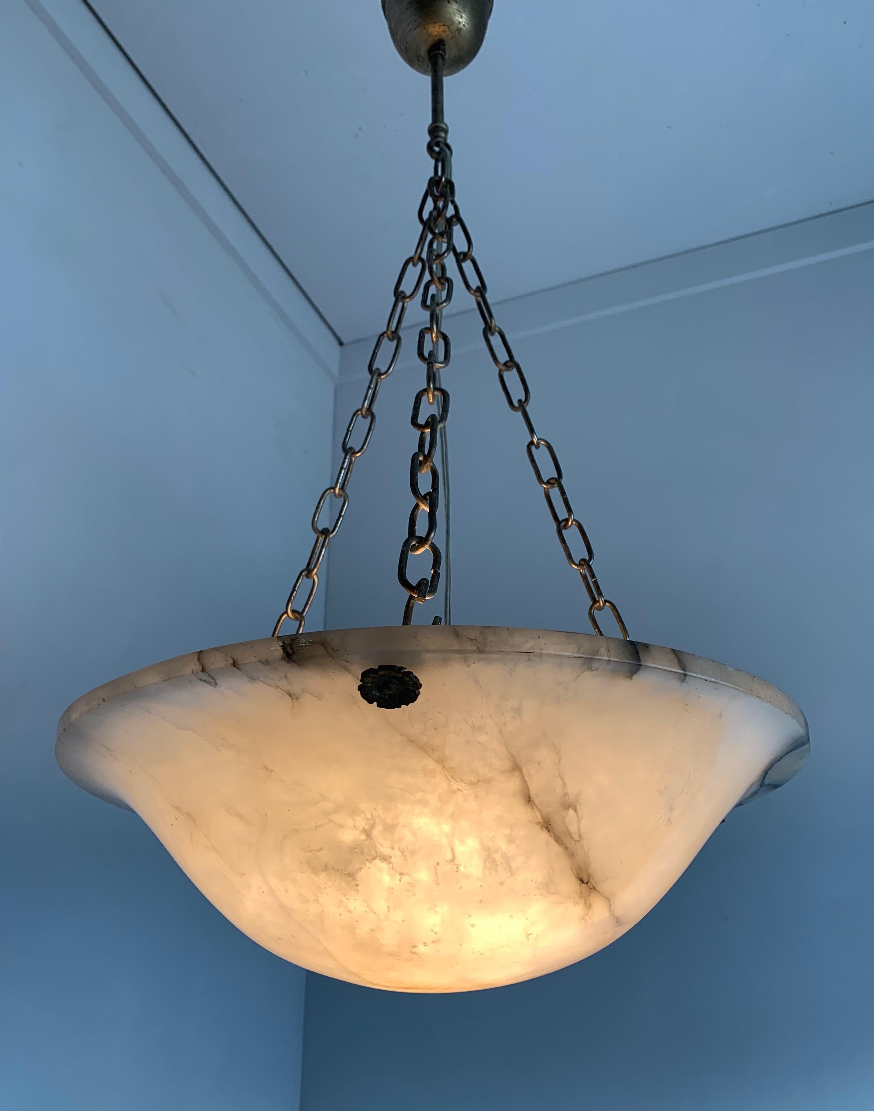 French Art Deco White and Black Alabaster Pendant / Fixture with Adjustable Chain 1920s