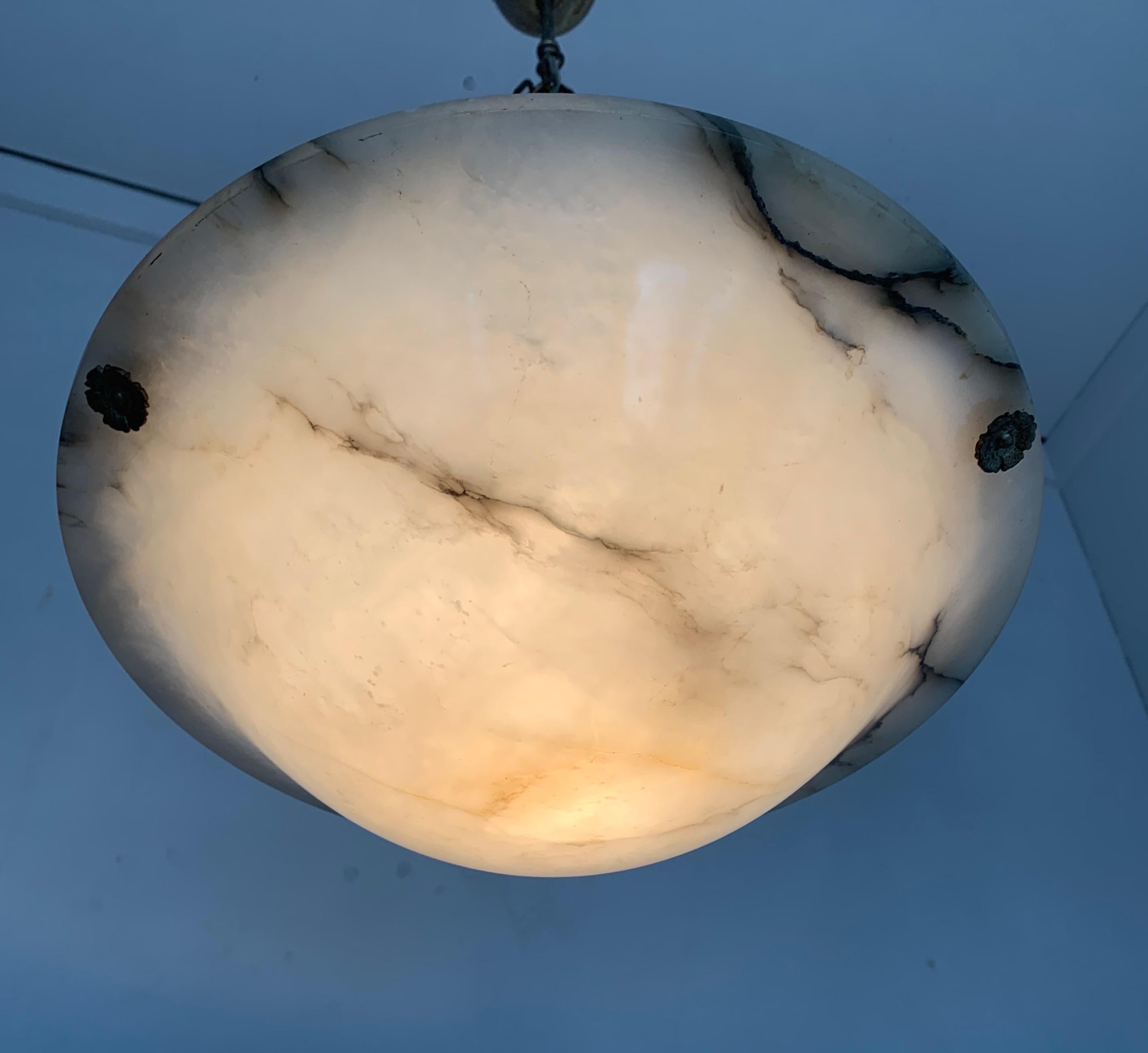 Early 20th Century Art Deco White and Black Alabaster Pendant / Fixture with Adjustable Chain 1920s