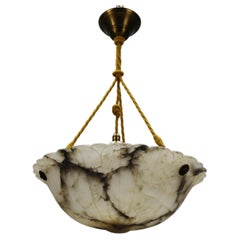 Art Deco White and Black Alabaster Pendant Light Fixture, 1930s