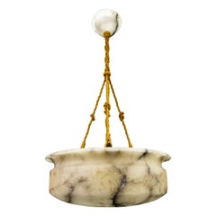 Art Deco White and Black Alabaster Pendant Light Fixture with Carved Flowers