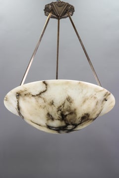 Art Deco White and Black Alabaster Three-Light Pendant Light Fixture, 1920s