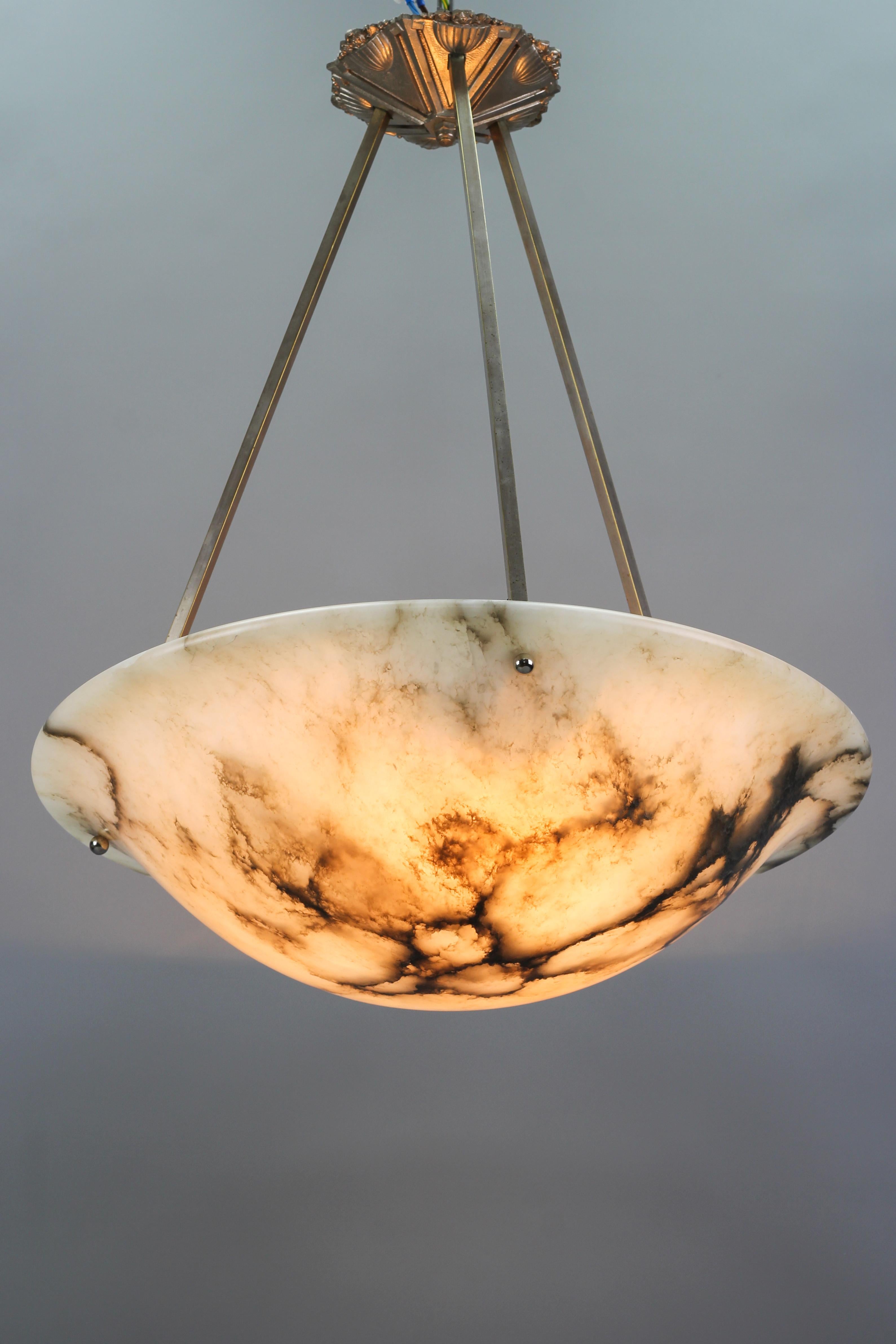 French Art Deco White and Black Alabaster Three-Light Pendant Light Fixture, 1920s