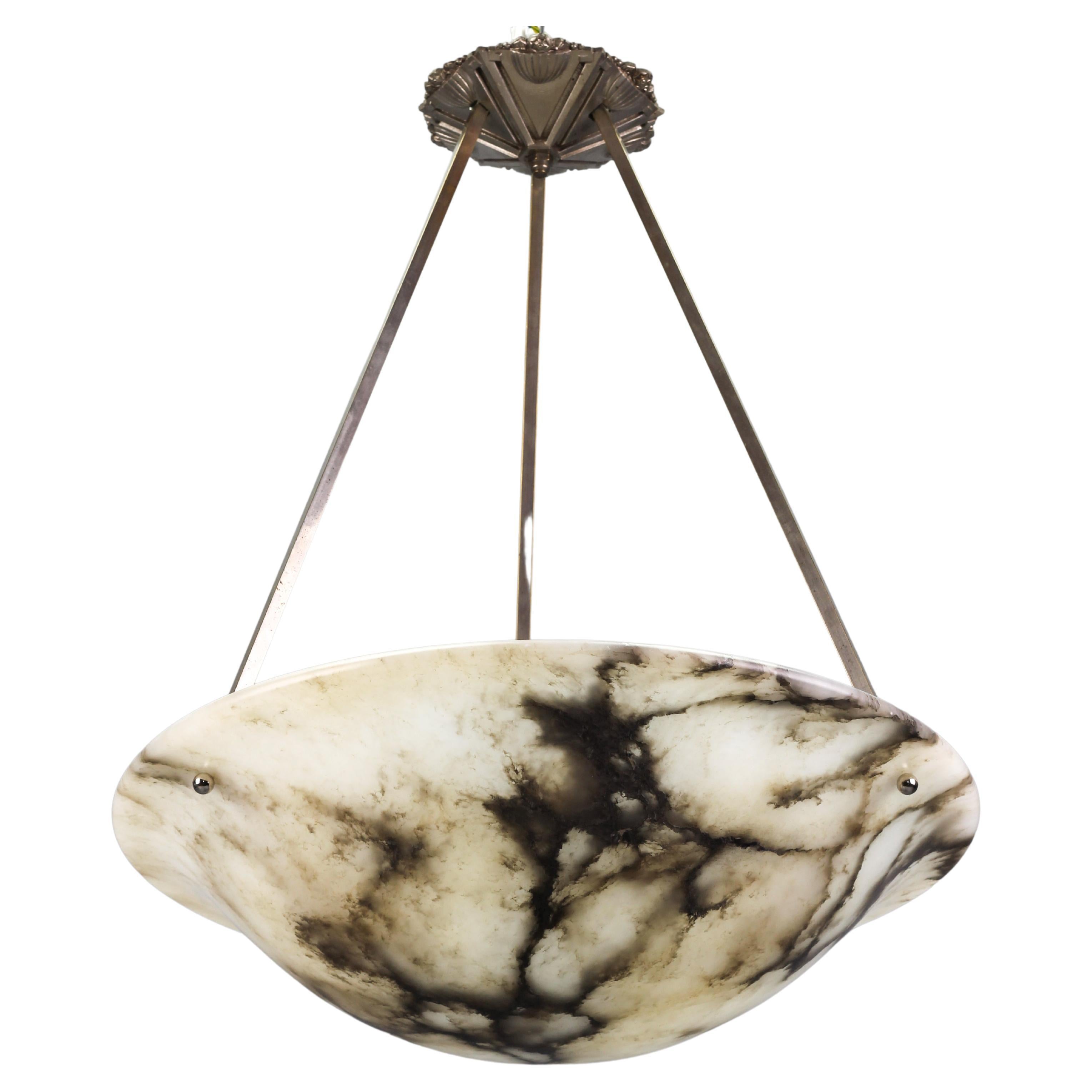 Art Deco White and Black Alabaster Three-Light Pendant Light Fixture, 1920s