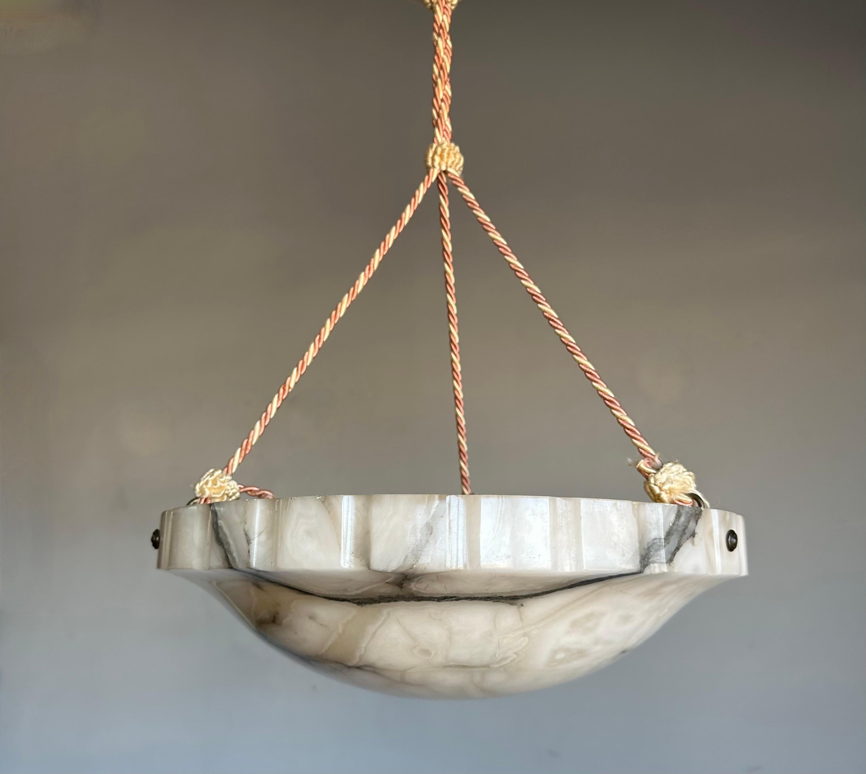 Hand-Carved Art Deco White and Black and Whiter Veins & Patches Alabaster Pendant Chandelier