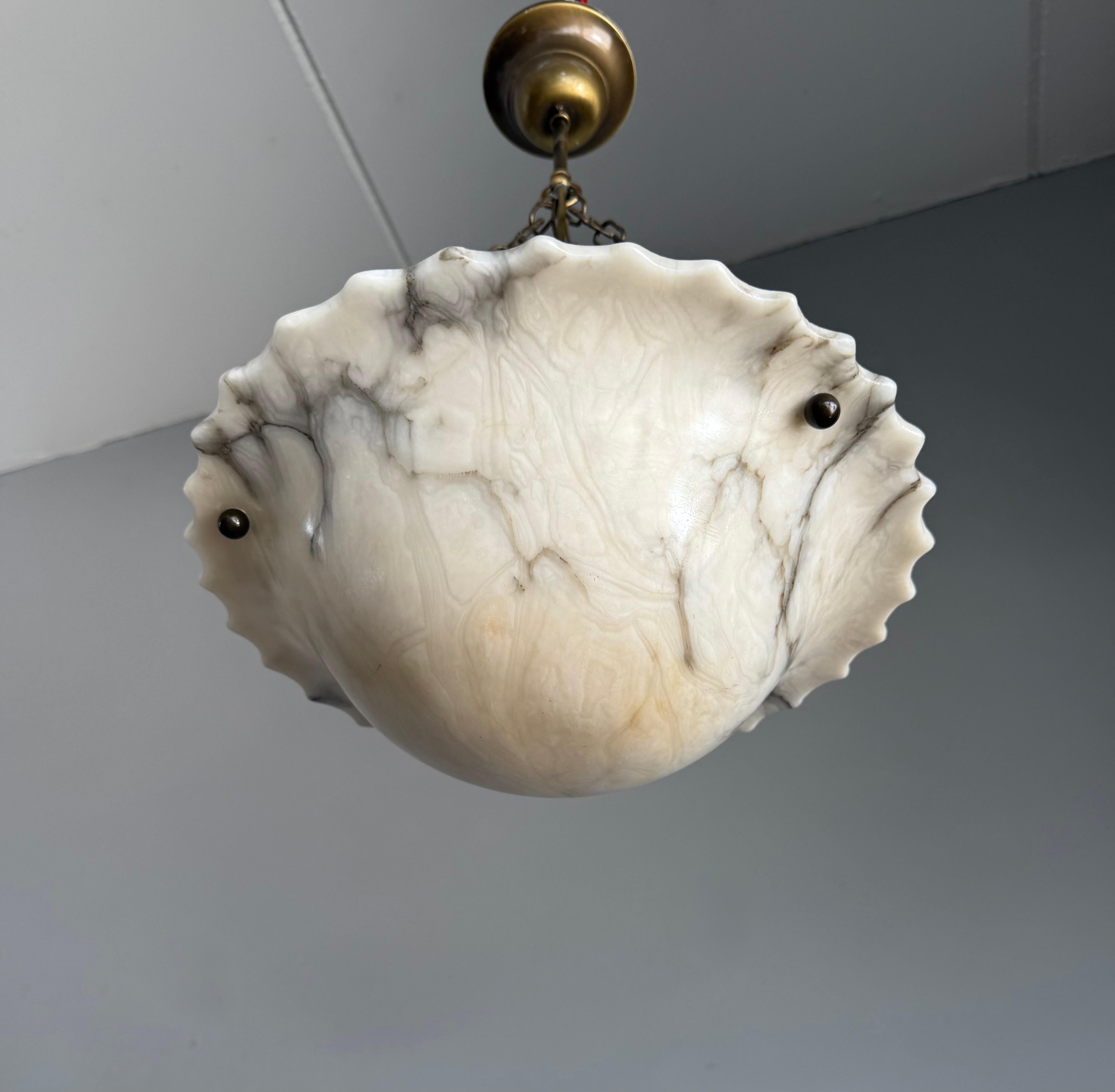 Hand-Carved Art Deco White and Black and Whiter Veins & Patches Alabaster Pendant Chandelier For Sale