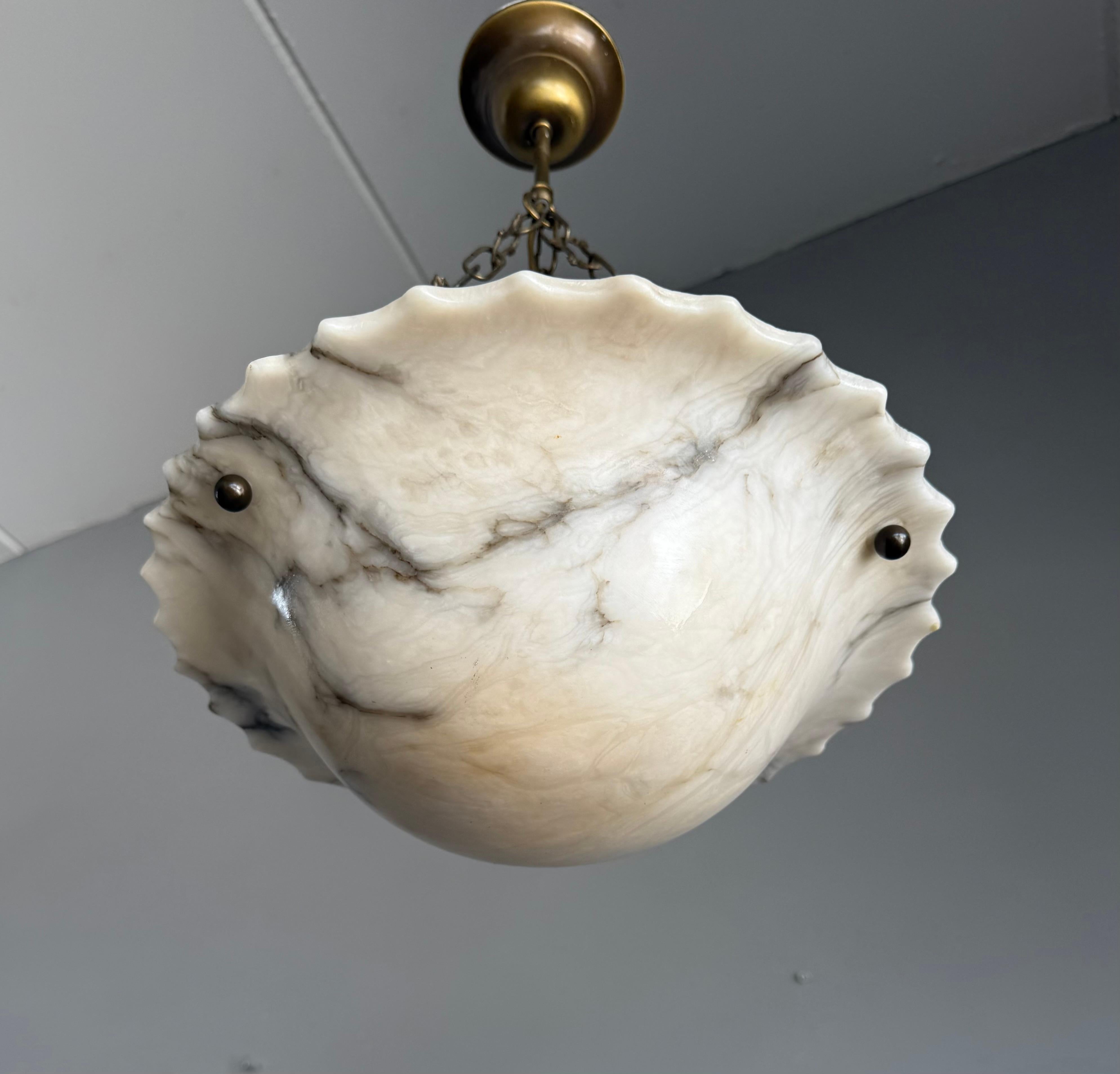 Brass Art Deco White and Black and Whiter Veins & Patches Alabaster Pendant Chandelier For Sale