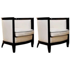 Art Deco White and Black Leather Ebonized Black Wood Bucket Armchairs, 1930s