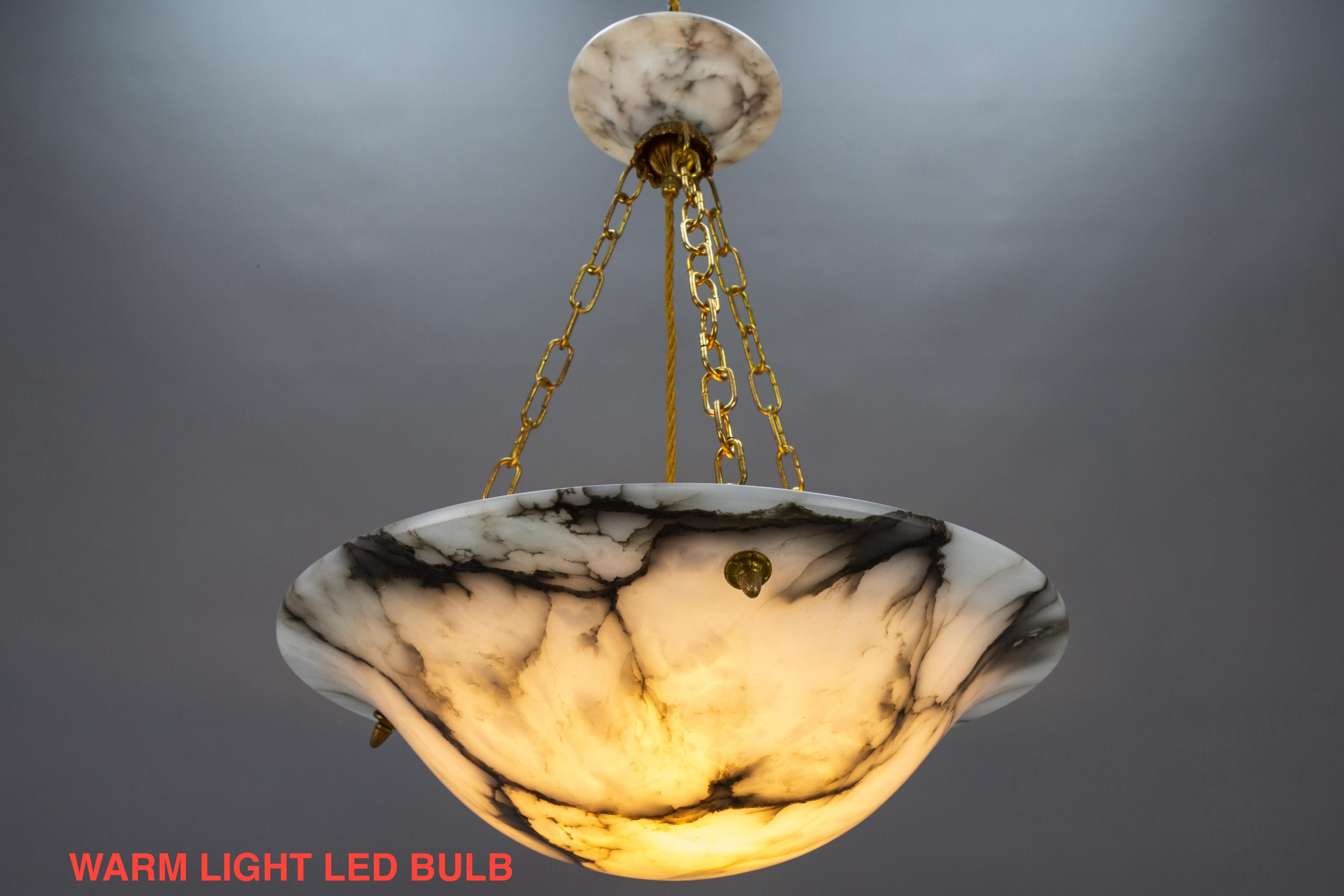 Art Deco White and Black Veined Alabaster and Brass Pendant Light, ca 1920 5