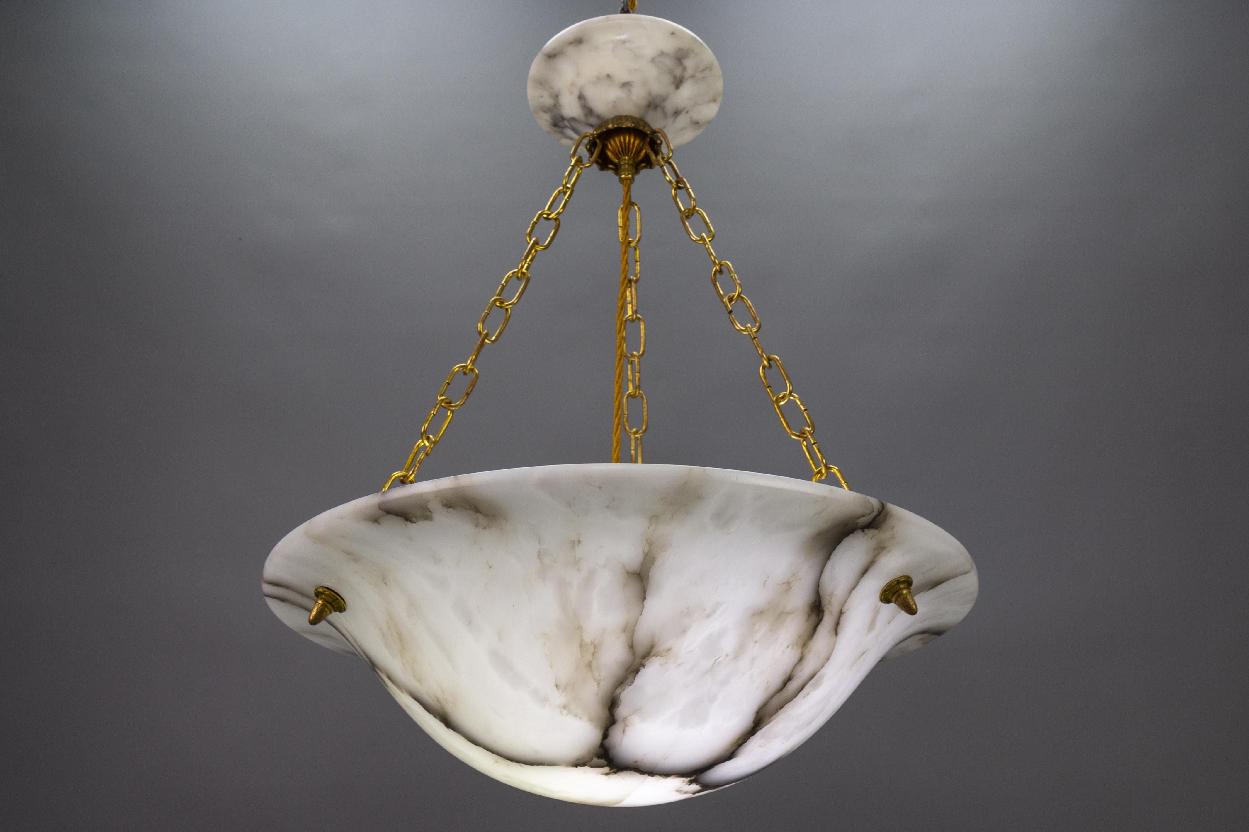 Art Deco White and Black Veined Alabaster and Brass Pendant Light, ca 1920 6
