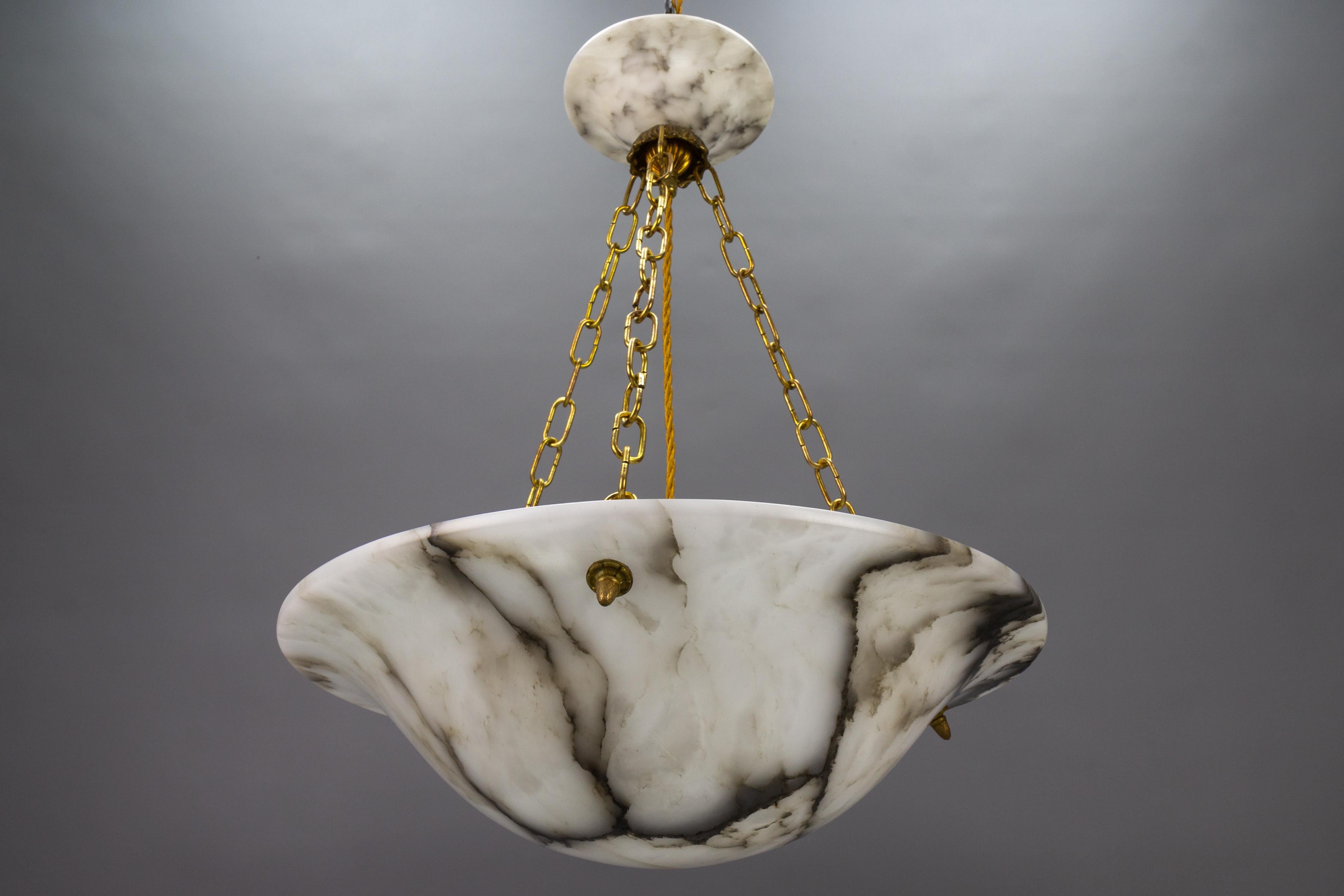 Art Deco White and Black Veined Alabaster and Brass Pendant Light, ca 1920 8