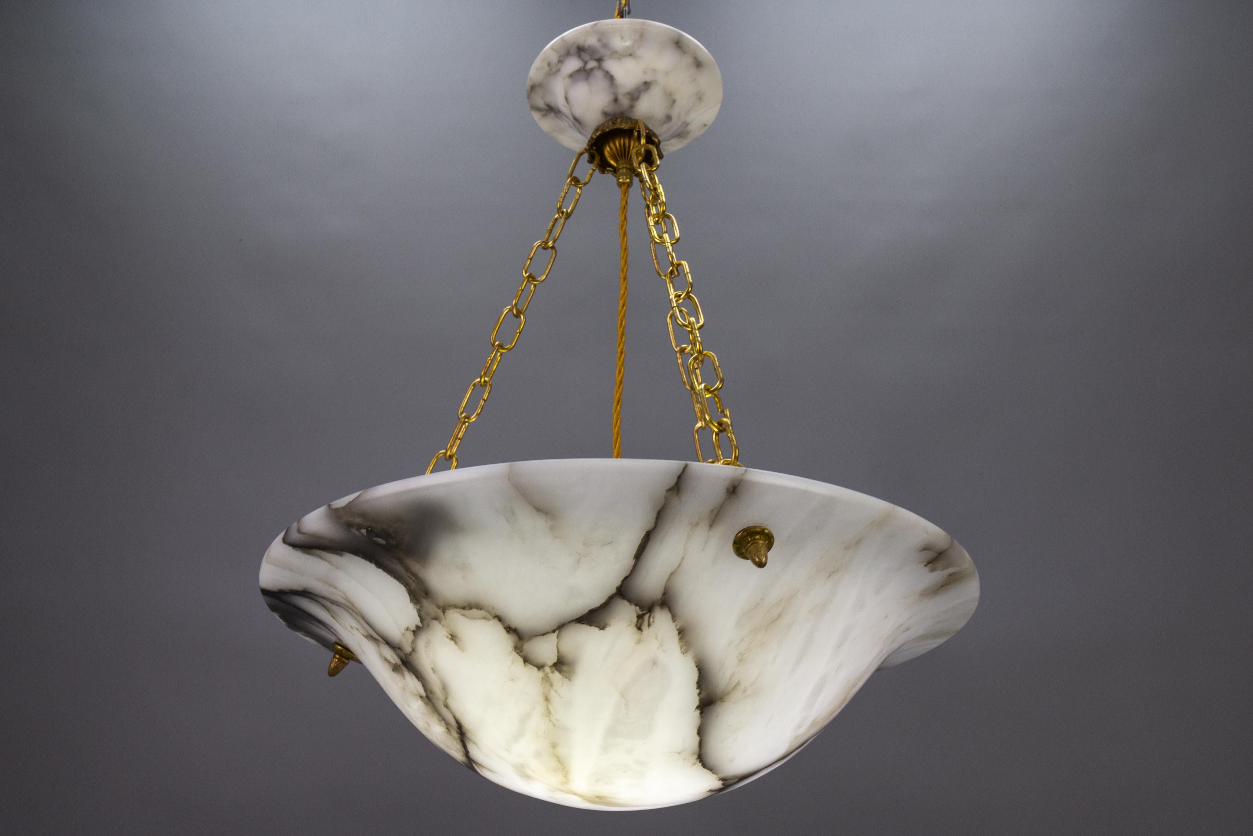 Art Deco White and Black Veined Alabaster and Brass Pendant Light, ca 1920 9