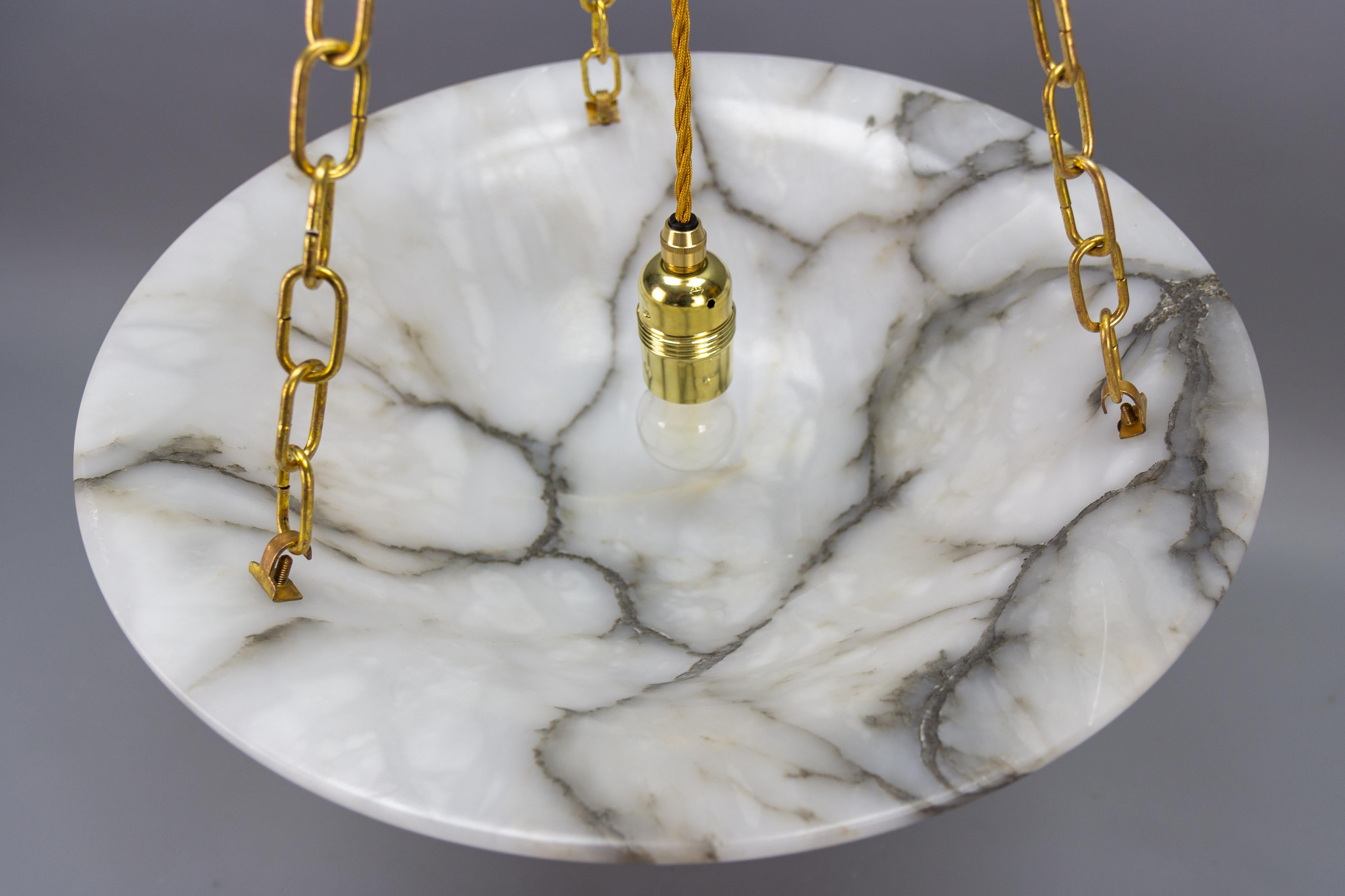 Art Deco White and Black Veined Alabaster and Brass Pendant Light, ca 1920 12