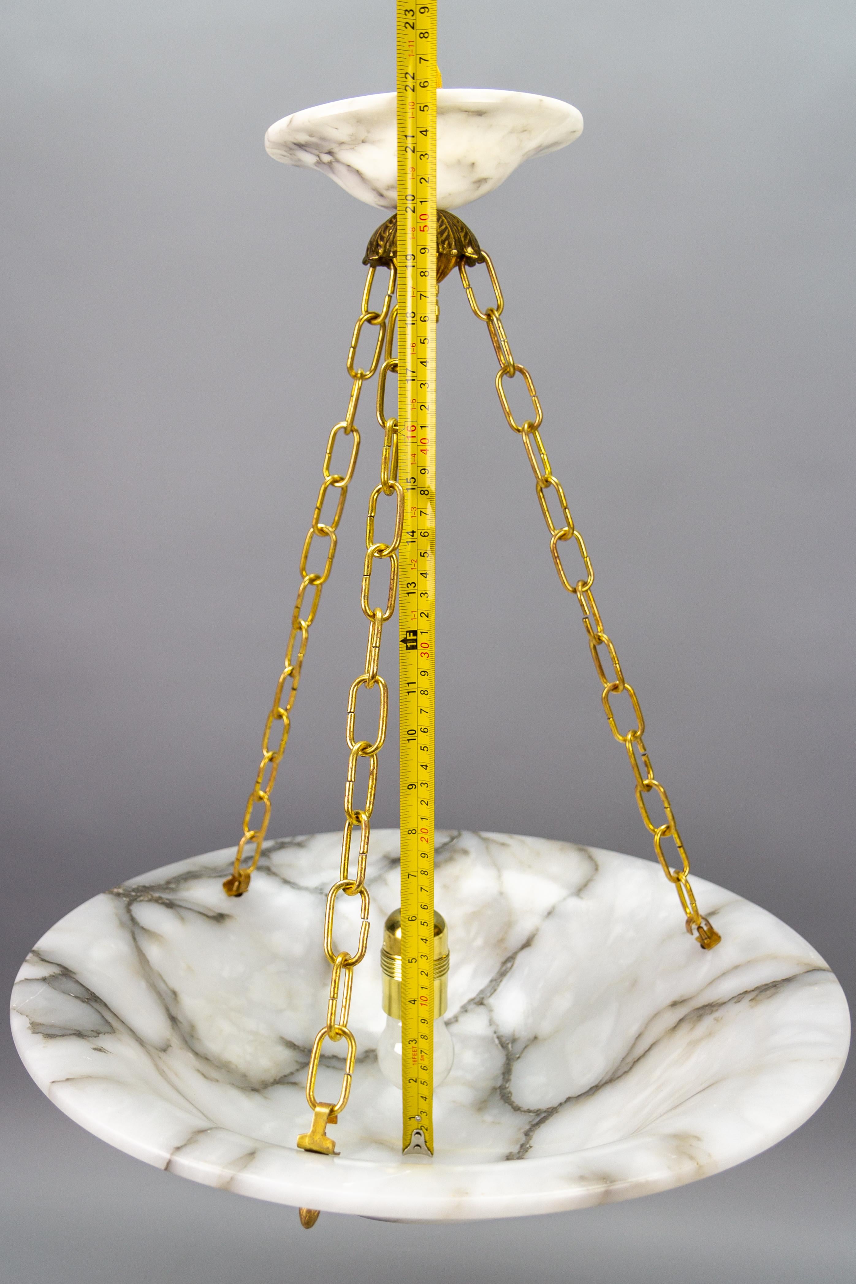 Art Deco White and Black Veined Alabaster and Brass Pendant Light, ca 1920 For Sale 14