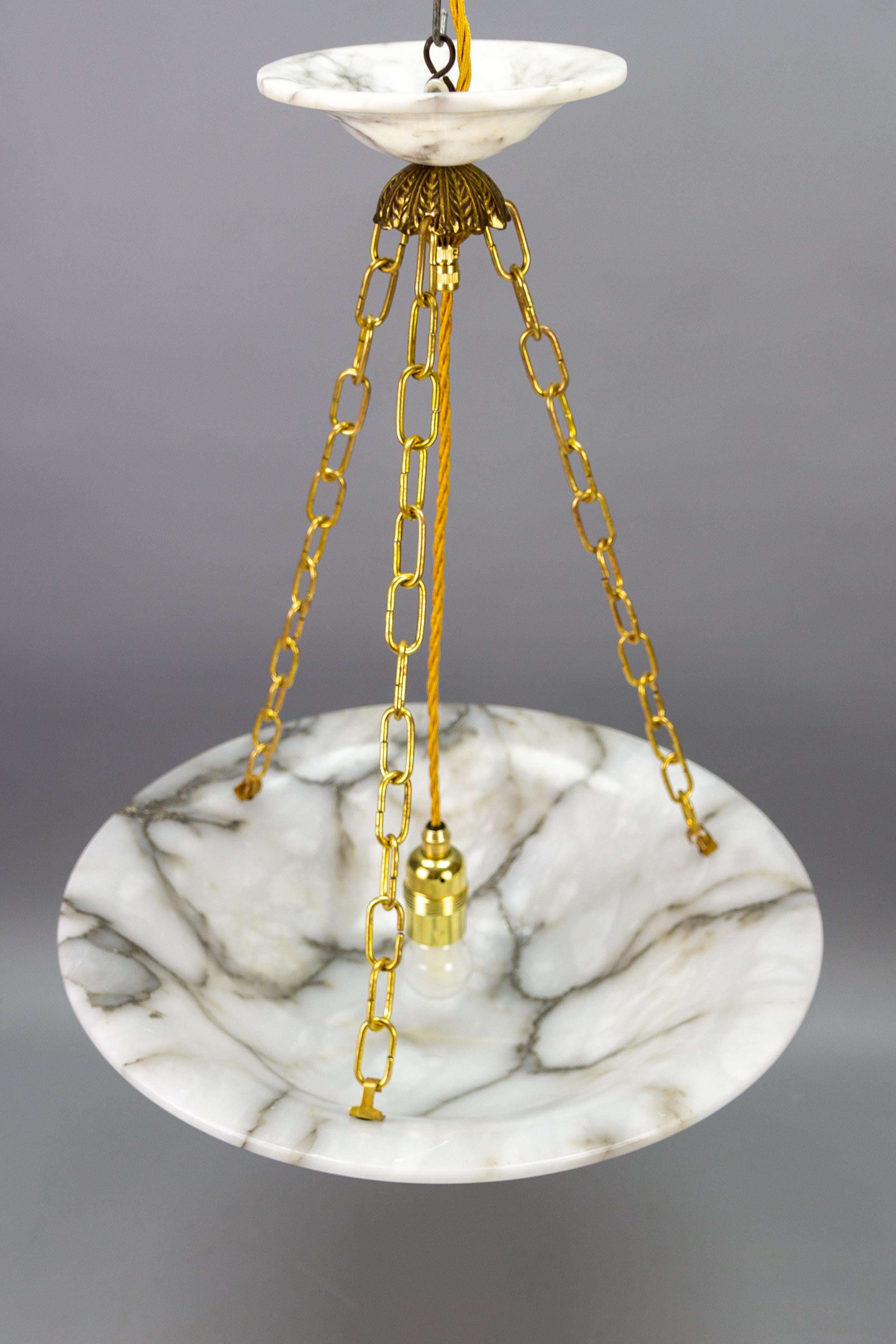 Art Deco White and Black Veined Alabaster and Brass Pendant Light, ca 1920 For Sale 15