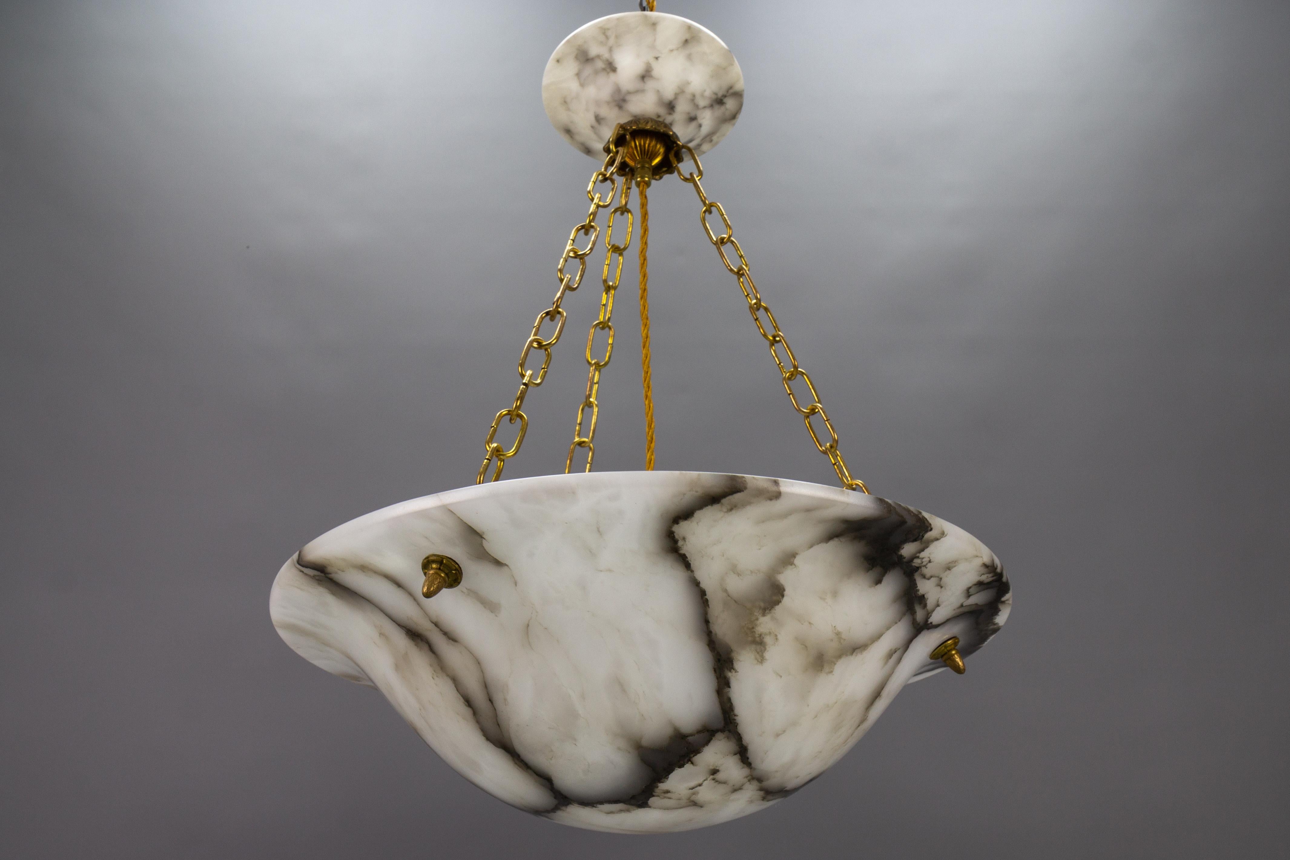 Early 20th Century Art Deco White and Black Veined Alabaster and Brass Pendant Light, ca 1920