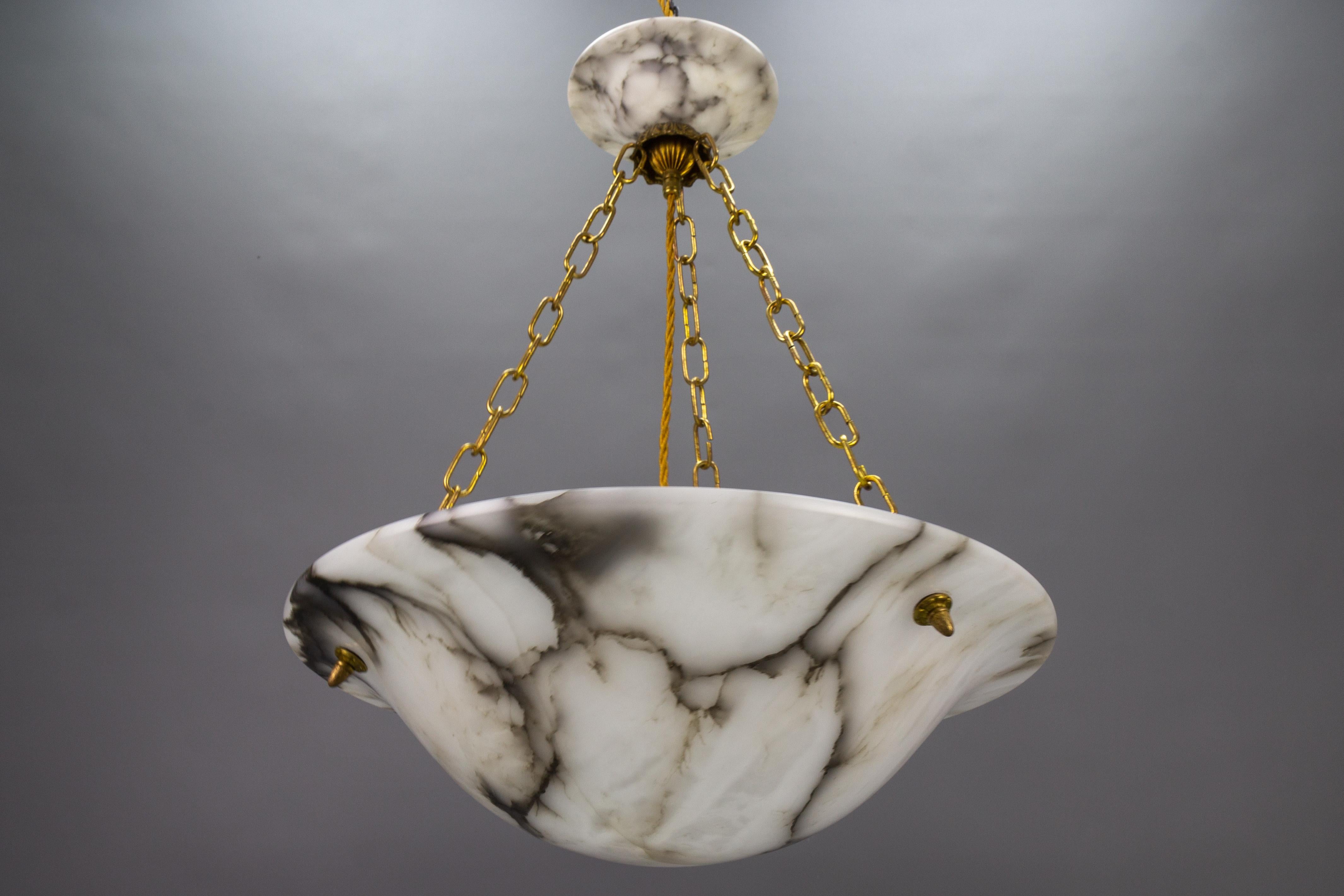 Art Deco White and Black Veined Alabaster and Brass Pendant Light, ca 1920 For Sale 2