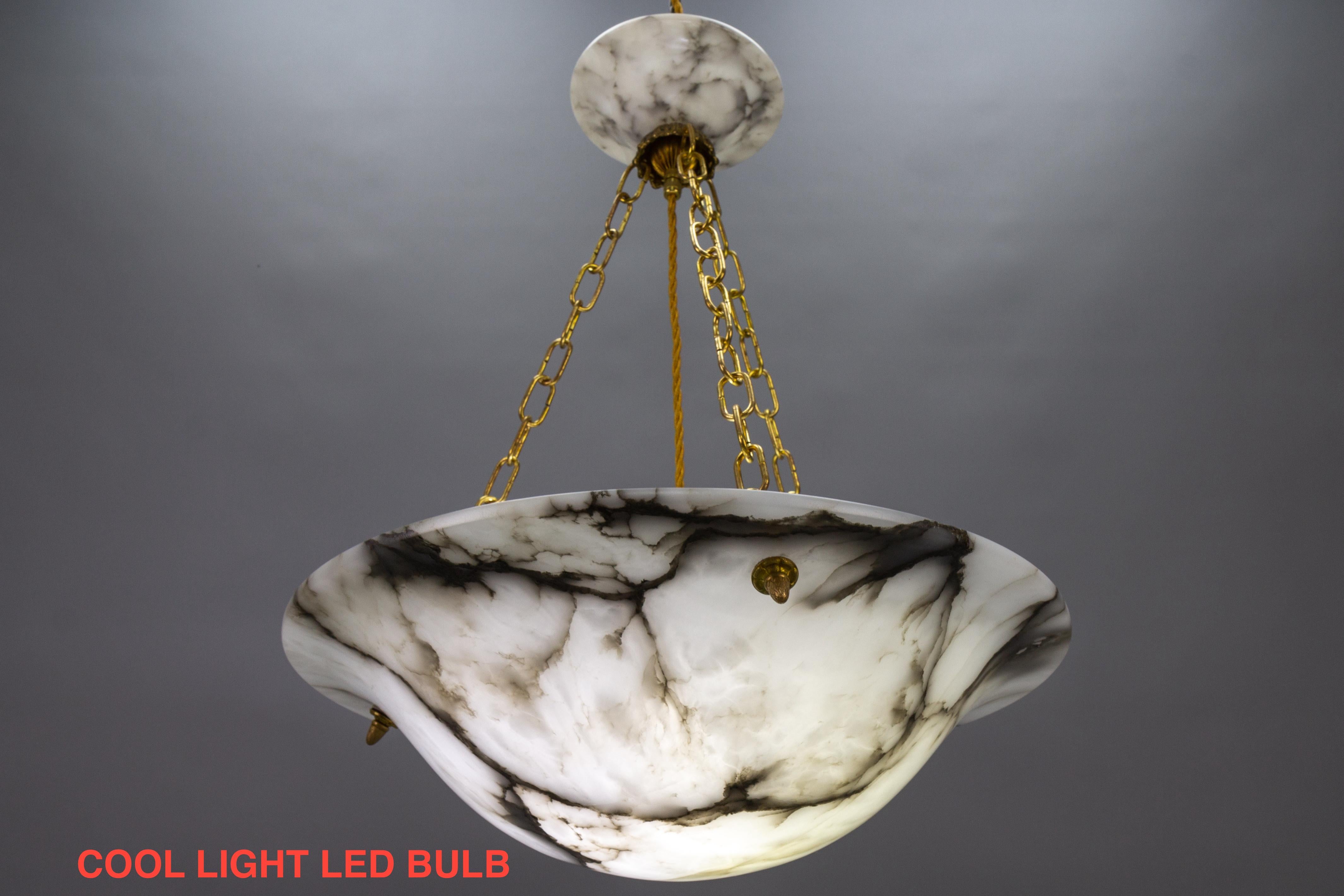 Art Deco White and Black Veined Alabaster and Brass Pendant Light, ca 1920 4