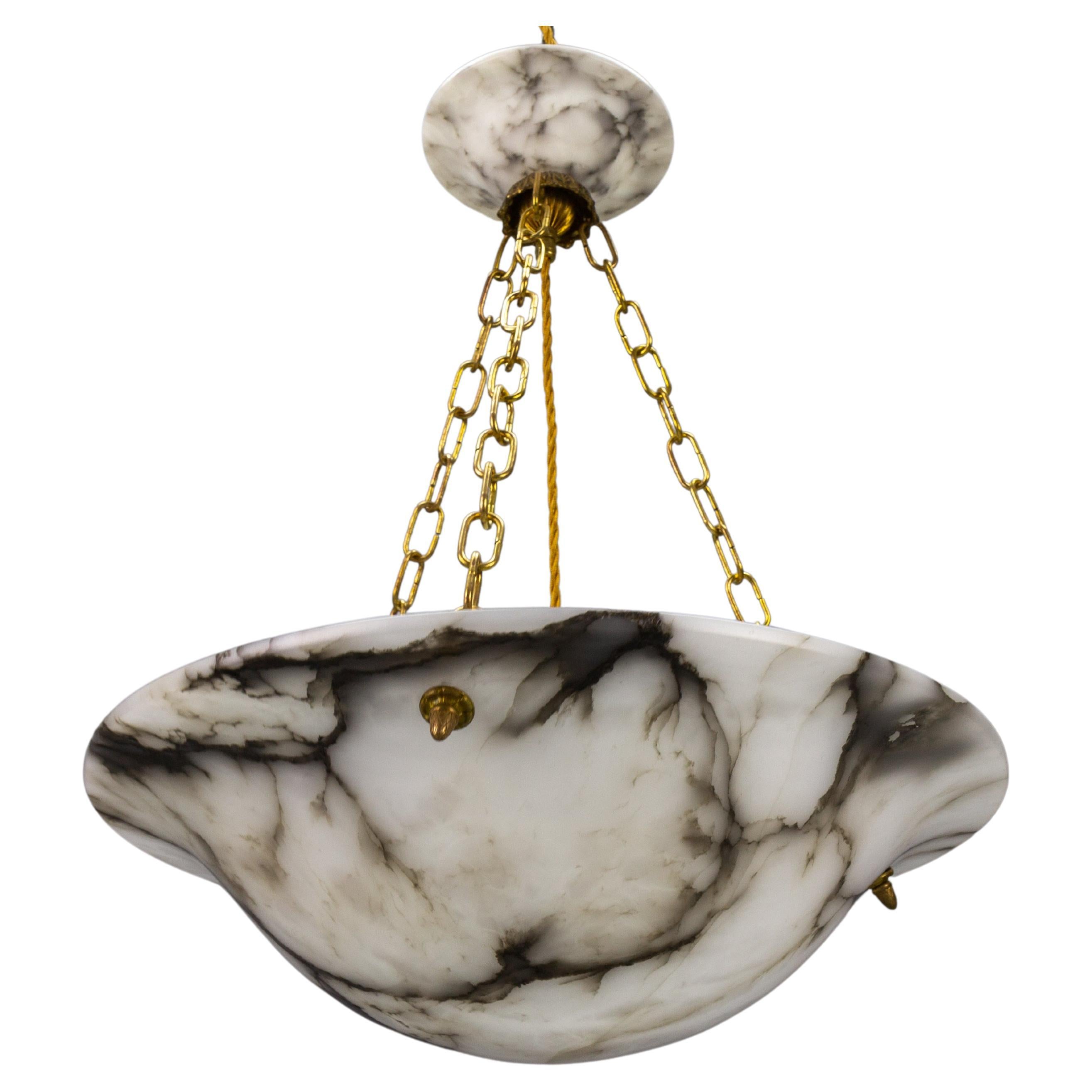 Art Deco White and Black Veined Alabaster and Brass Pendant Light, ca 1920 For Sale