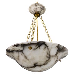 Used Art Deco White and Black Veined Alabaster and Brass Pendant Light, ca 1920