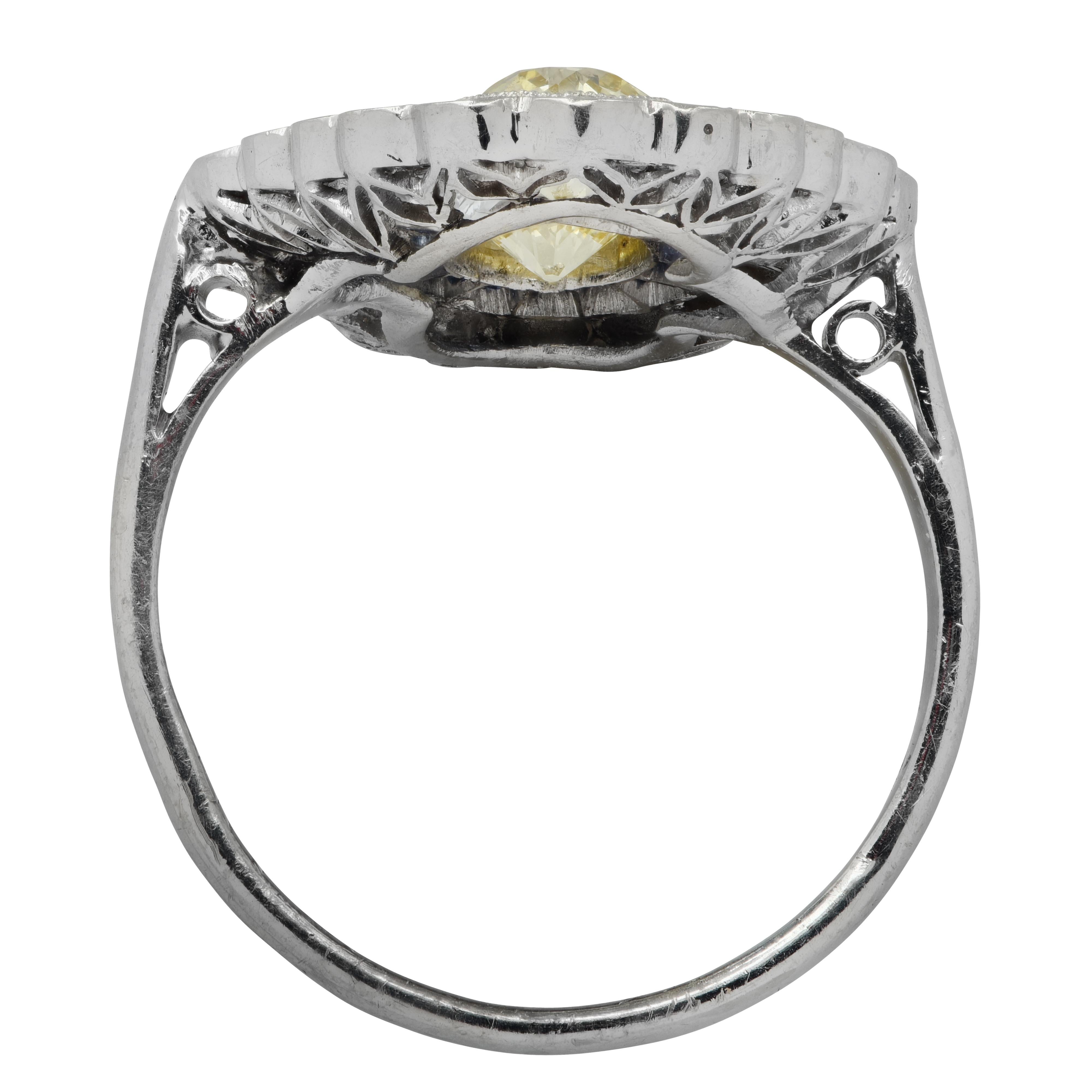 Women's Art Deco Style White and Fancy Yellow Old European Cut Diamond Ring