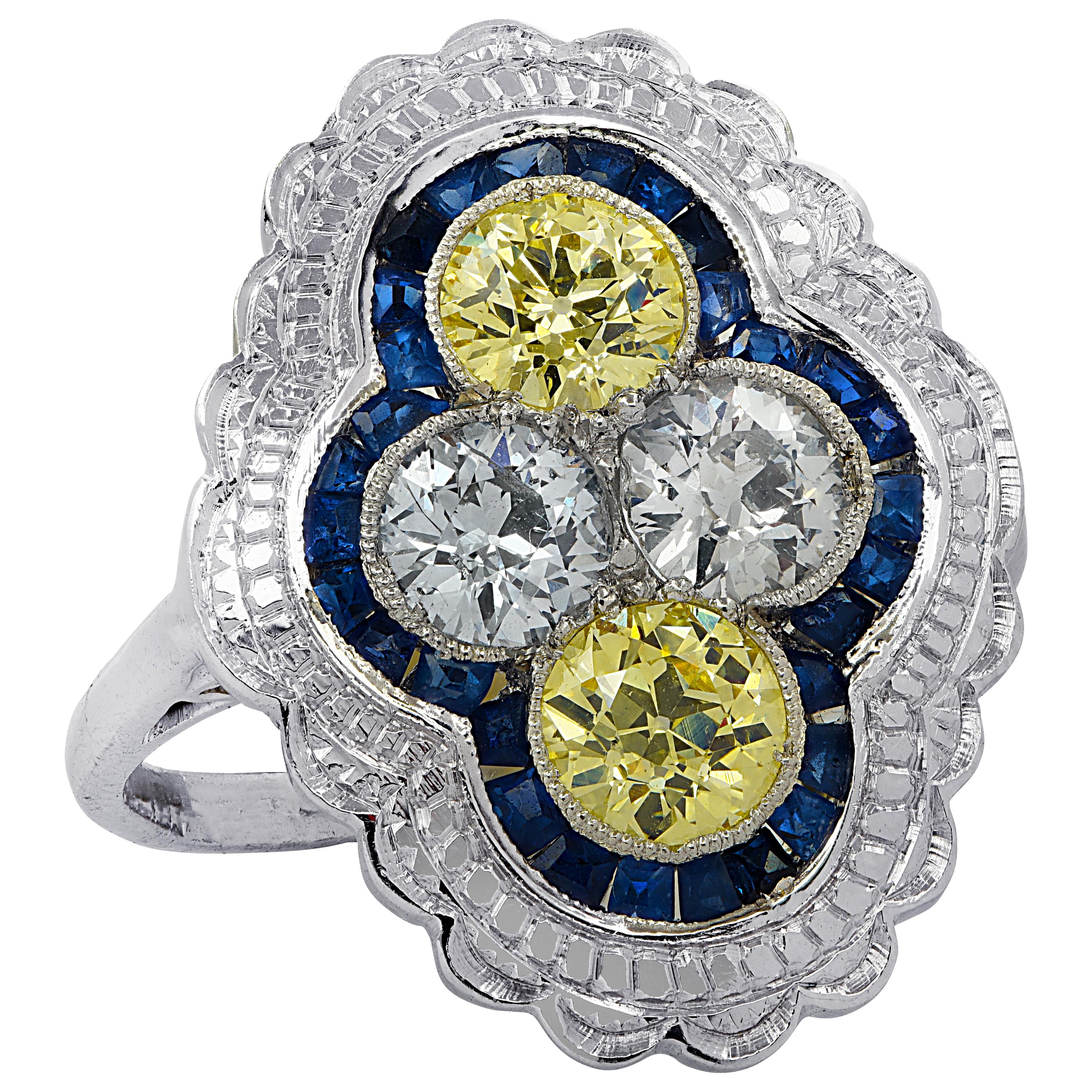 Art Deco Style White and Fancy Yellow Old European Cut Diamond Ring