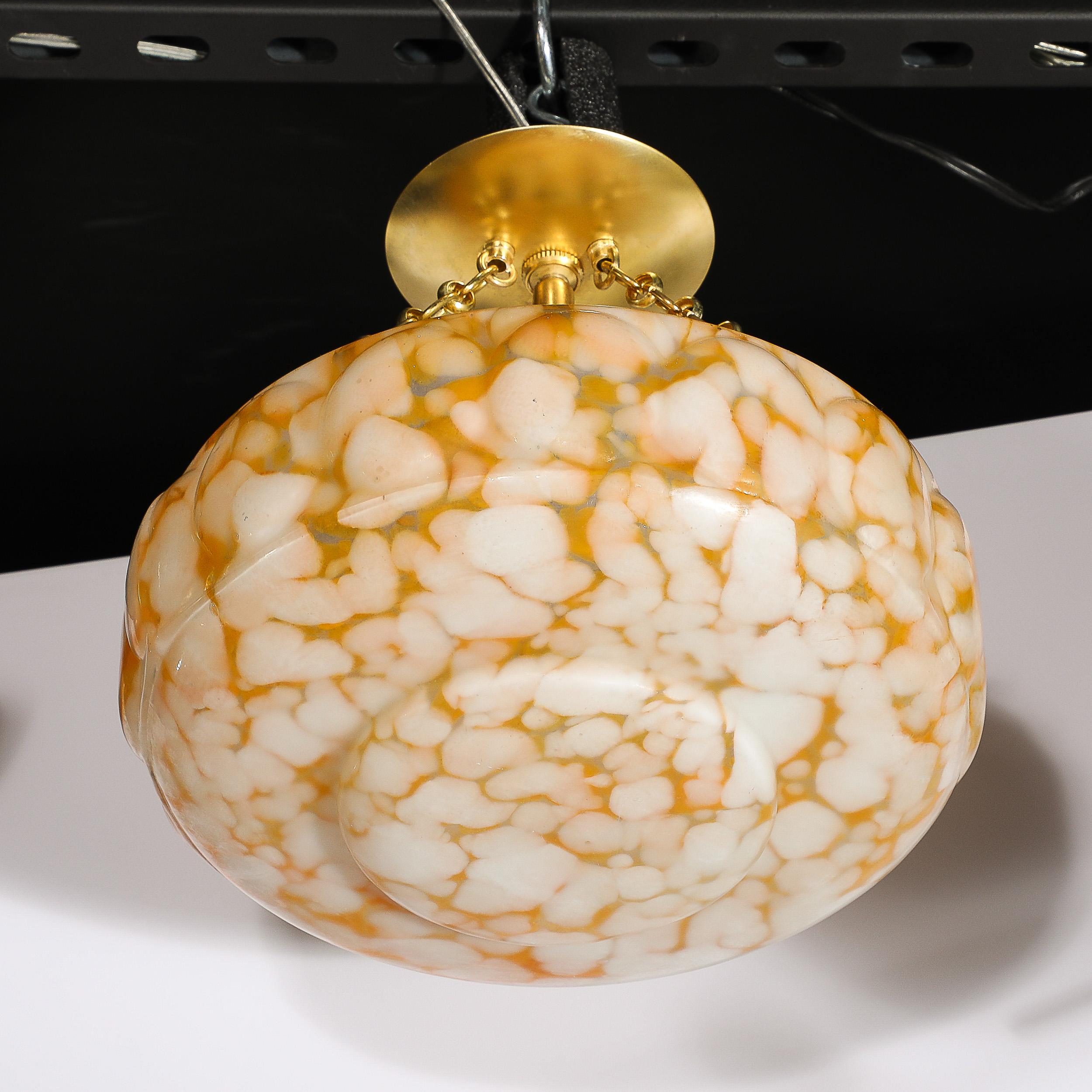 Art Deco White and Orange Glass Pendant Chandelier with Brass Fittings For Sale 4