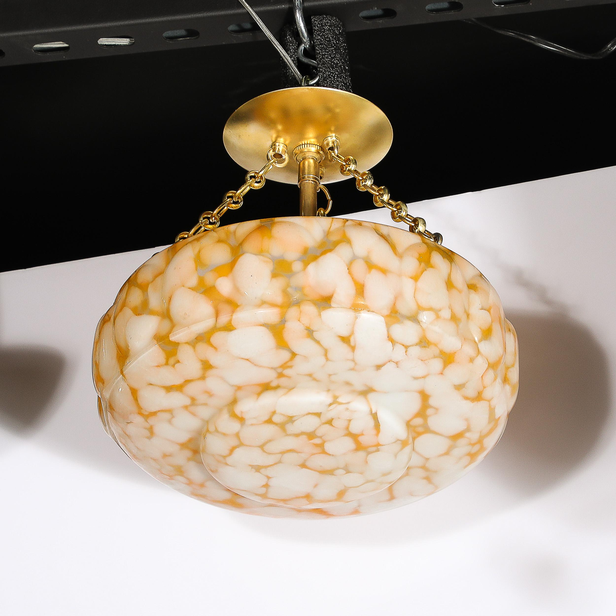 Art Deco White and Orange Glass Pendant Chandelier with Brass Fittings For Sale 5