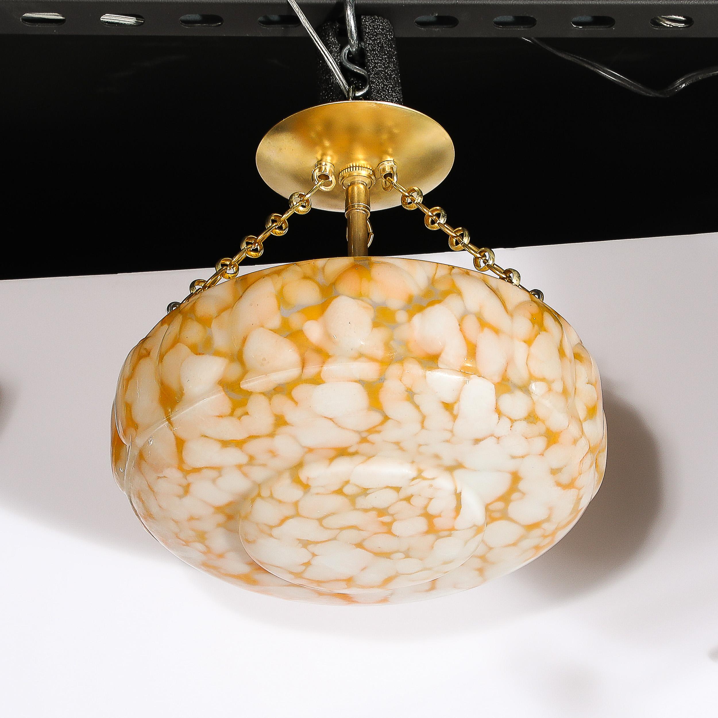 Art Deco White and Orange Glass Pendant Chandelier with Brass Fittings For Sale 6