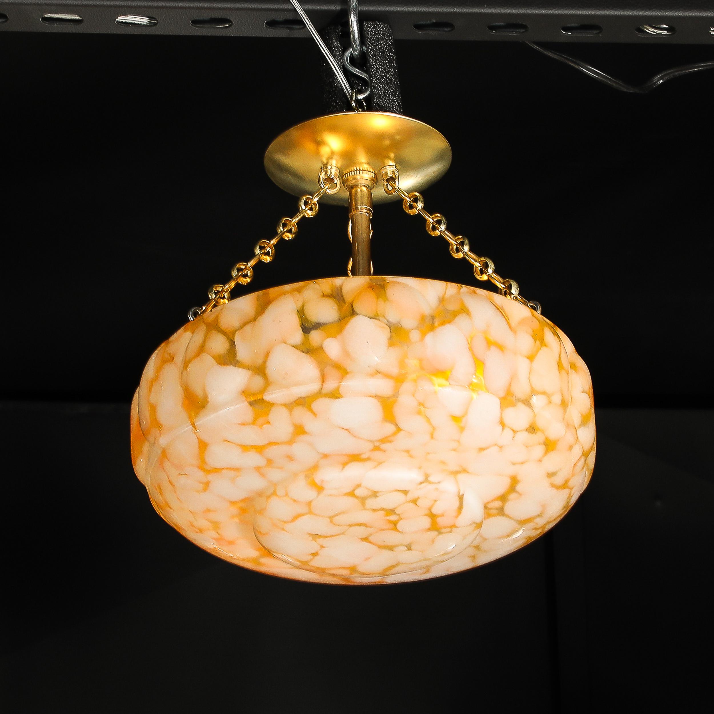 Art Deco White and Orange Glass Pendant Chandelier with Brass Fittings For Sale 7