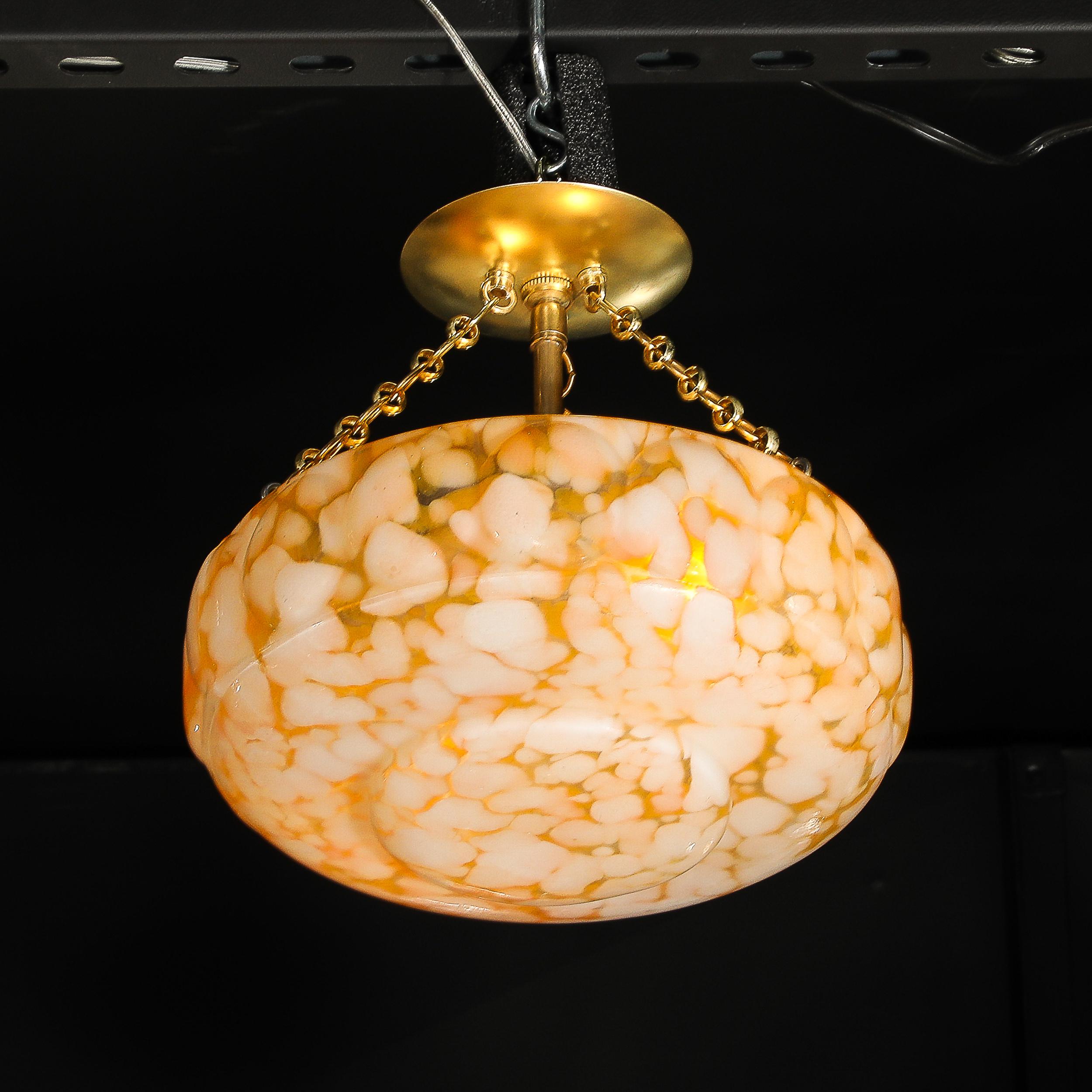French Art Deco White and Orange Glass Pendant Chandelier with Brass Fittings For Sale