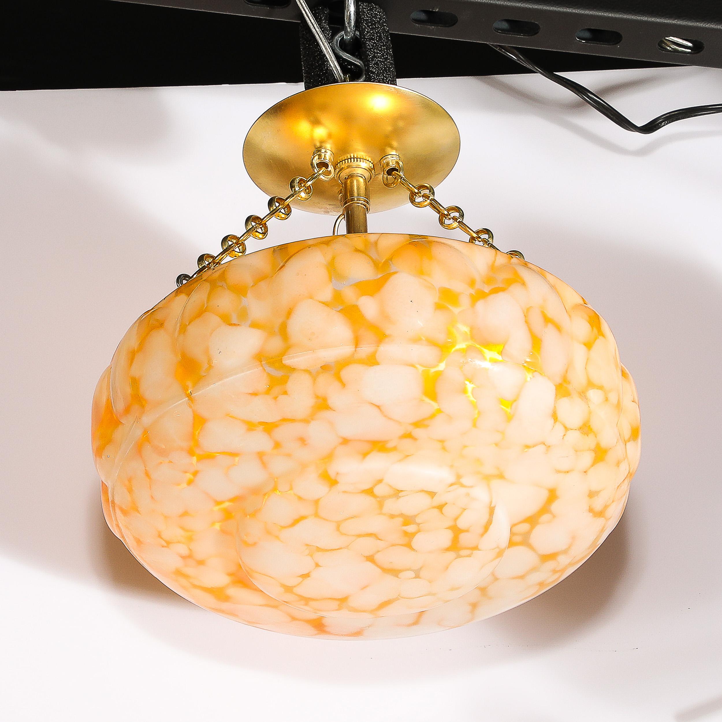 Art Deco White and Orange Glass Pendant Chandelier with Brass Fittings In Excellent Condition For Sale In New York, NY