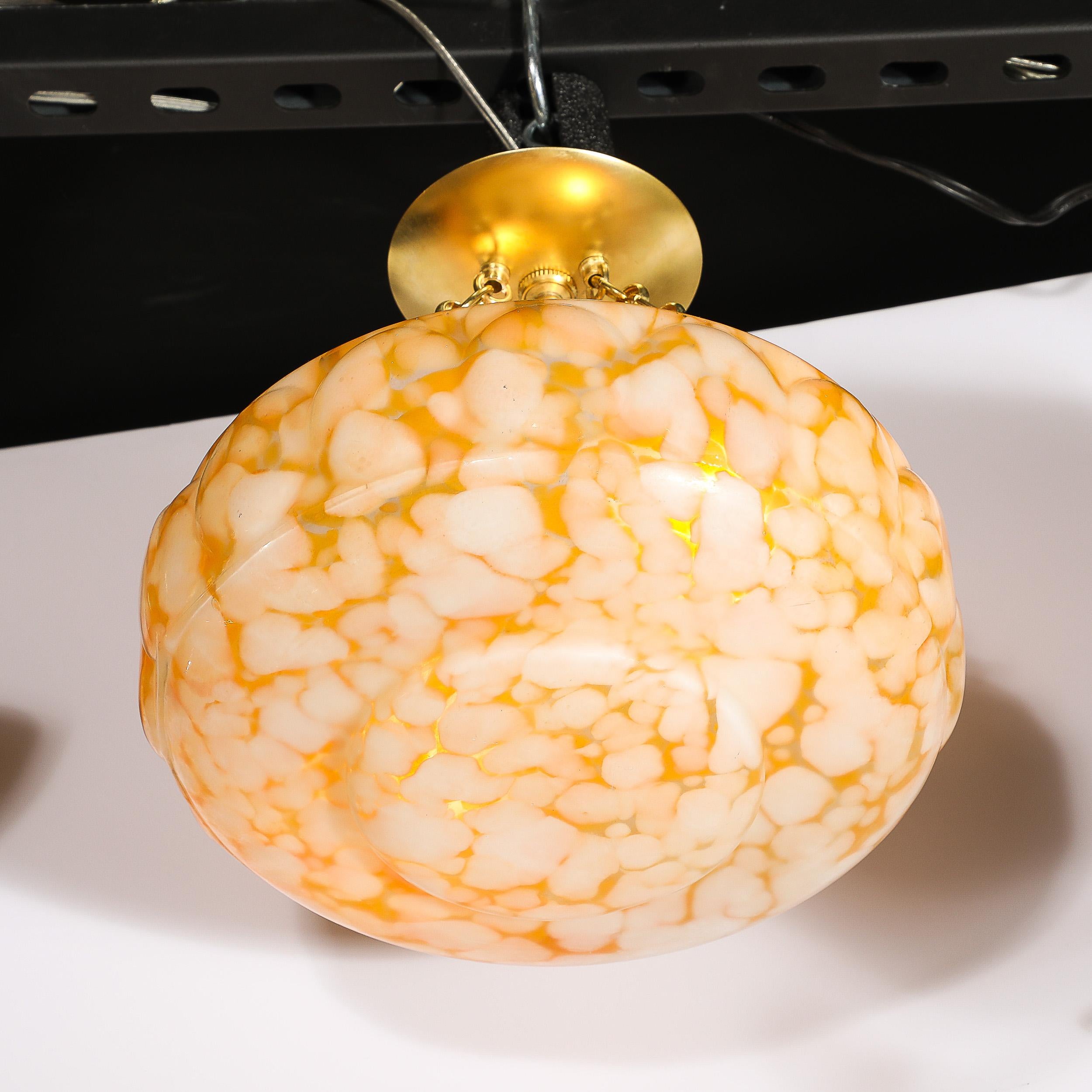 Mid-20th Century Art Deco White and Orange Glass Pendant Chandelier with Brass Fittings For Sale
