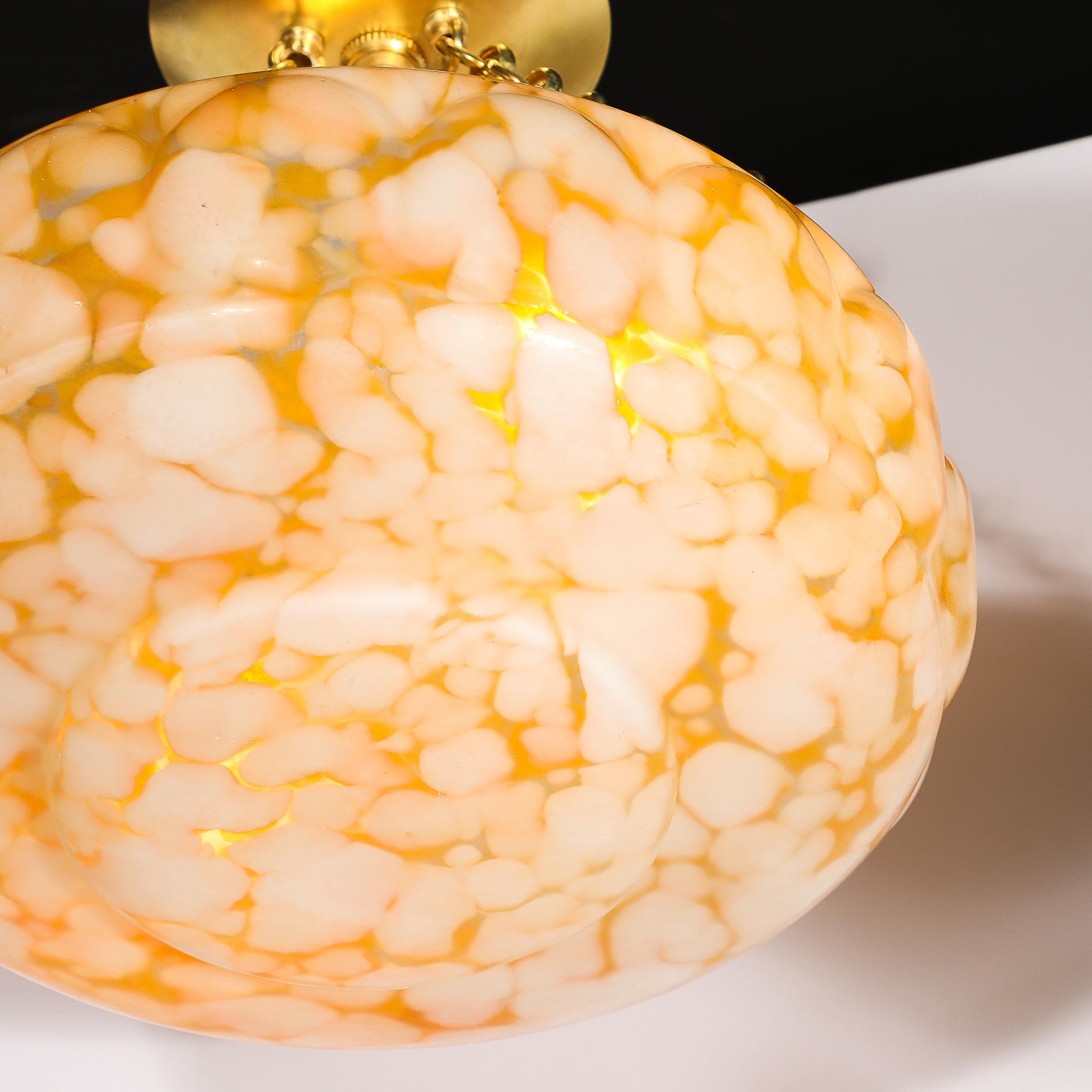 Blown Glass Art Deco White and Orange Glass Pendant Chandelier with Brass Fittings For Sale