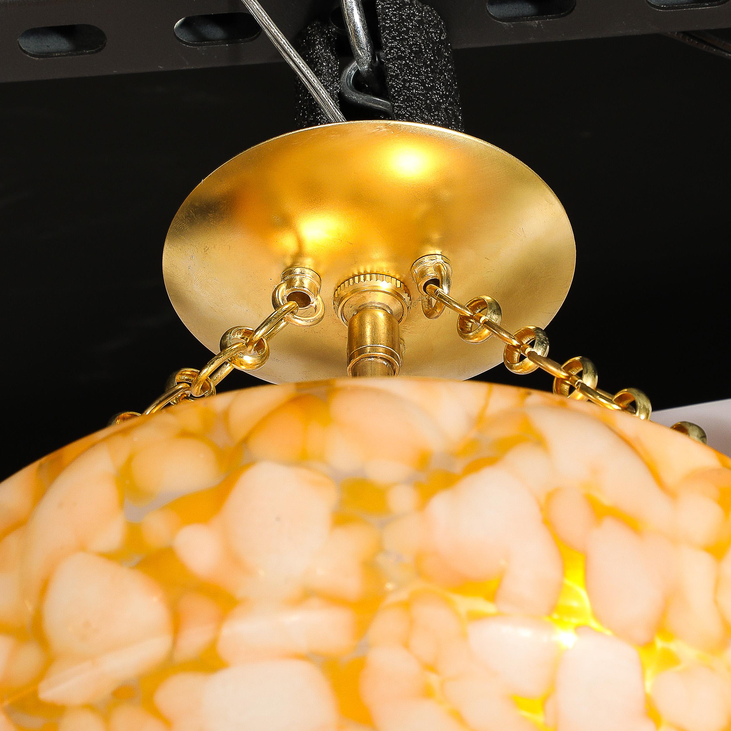 Art Deco White and Orange Glass Pendant Chandelier with Brass Fittings For Sale 1