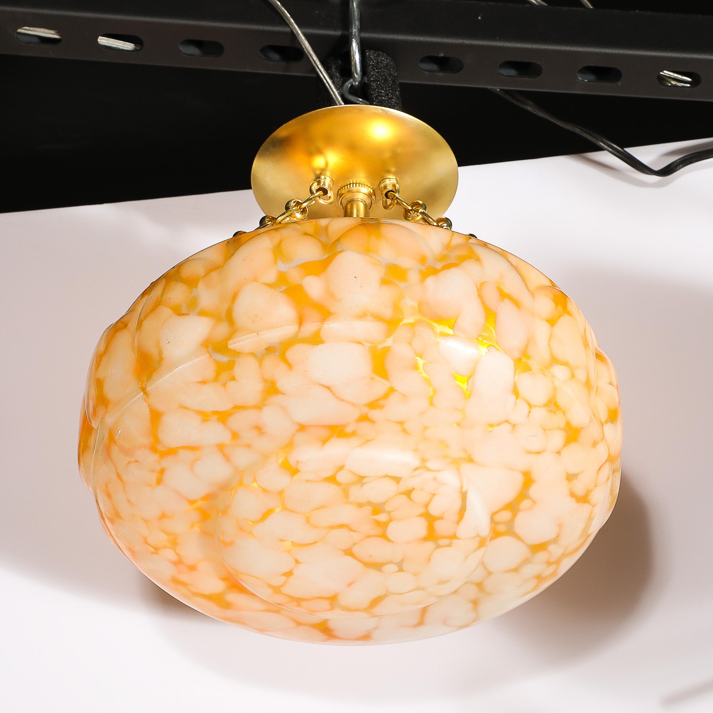 Art Deco White and Orange Glass Pendant Chandelier with Brass Fittings For Sale 2