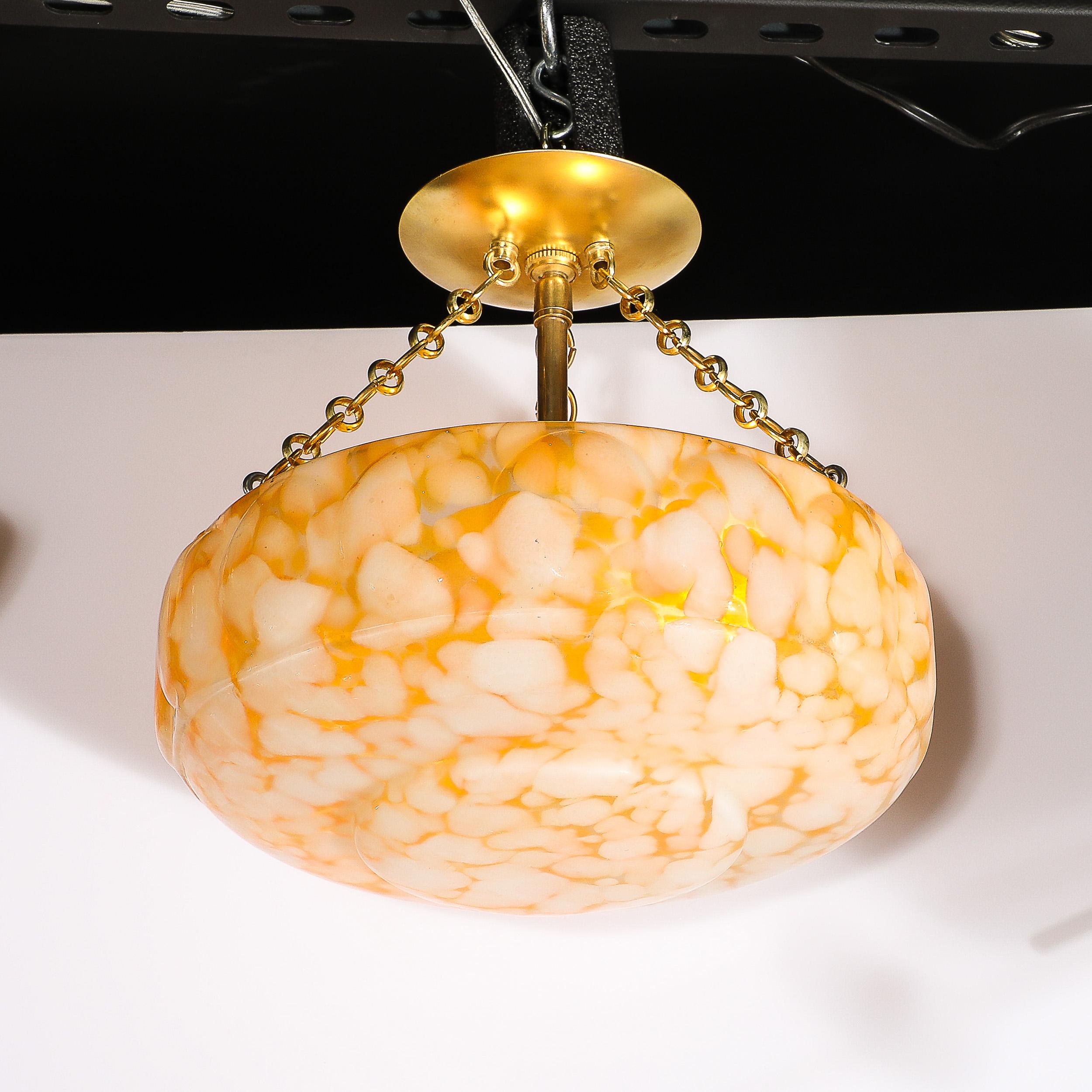 Art Deco White and Orange Glass Pendant Chandelier with Brass Fittings For Sale 3