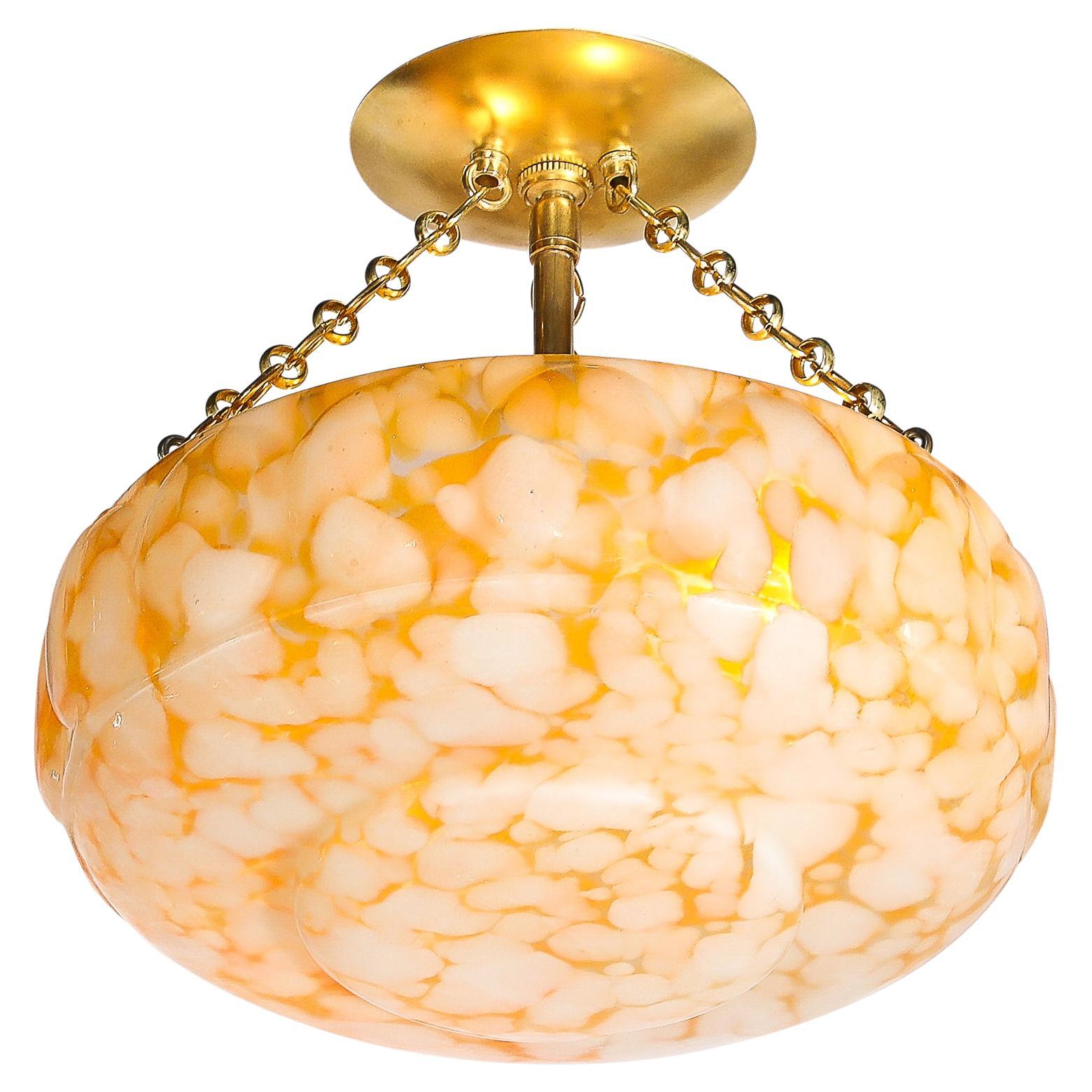 Art Deco White and Orange Glass Pendant Chandelier with Brass Fittings