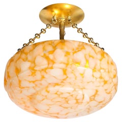 Vintage Art Deco White and Orange Glass Pendant Chandelier with Brass Fittings