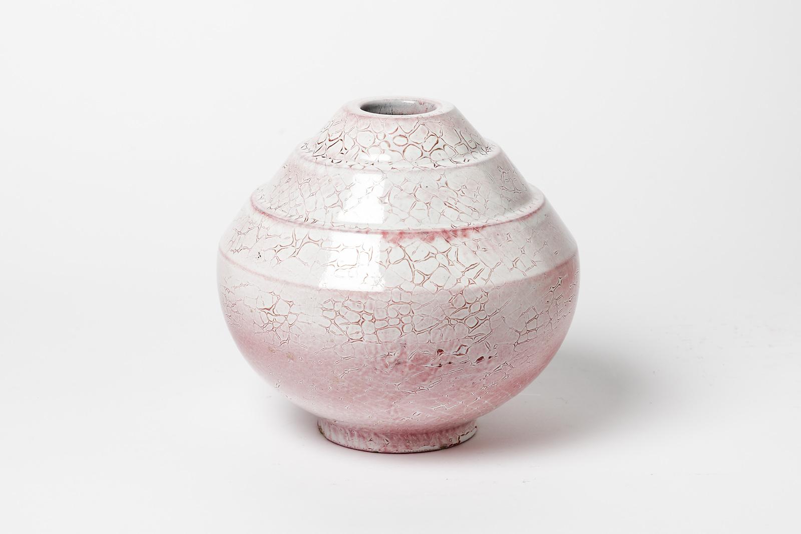French Art Deco White and Pink Ceramic Vase Signed circa 1930 Unique Piece