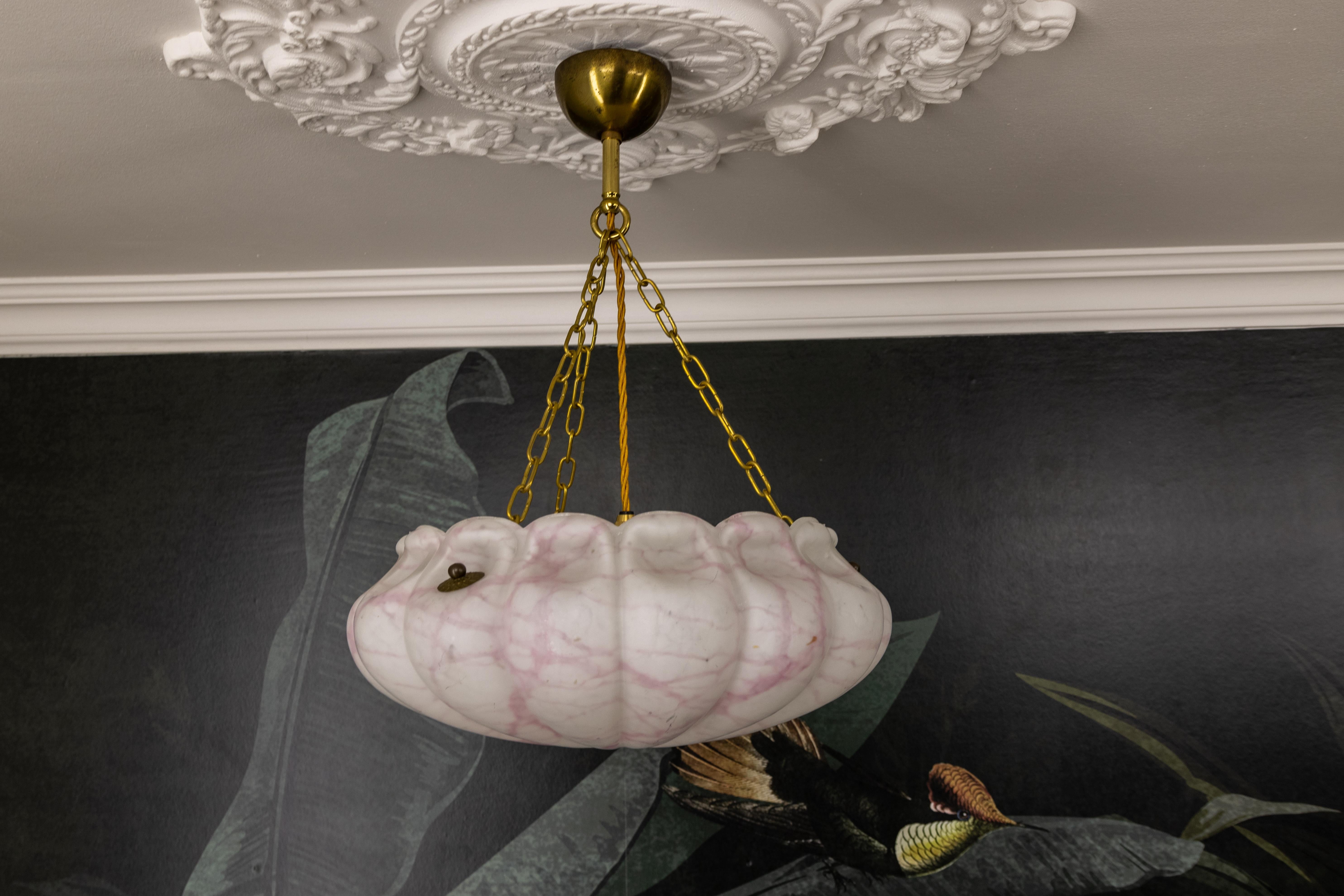 Art Deco White and Pink Marbled Glass and Brass Pendant Light, 1930s For Sale 6