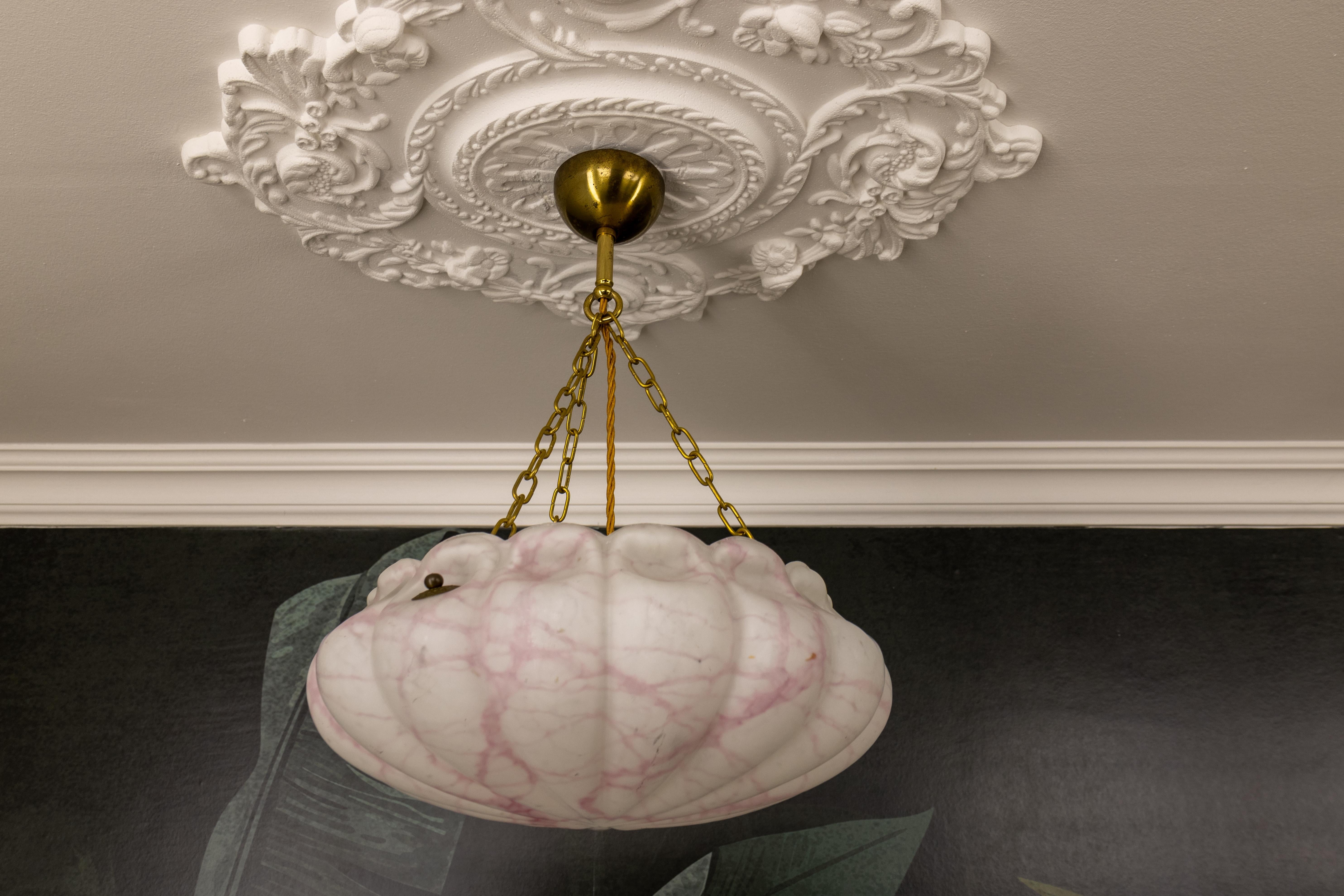 Art Deco White and Pink Marbled Glass and Brass Pendant Light, 1930s For Sale 7