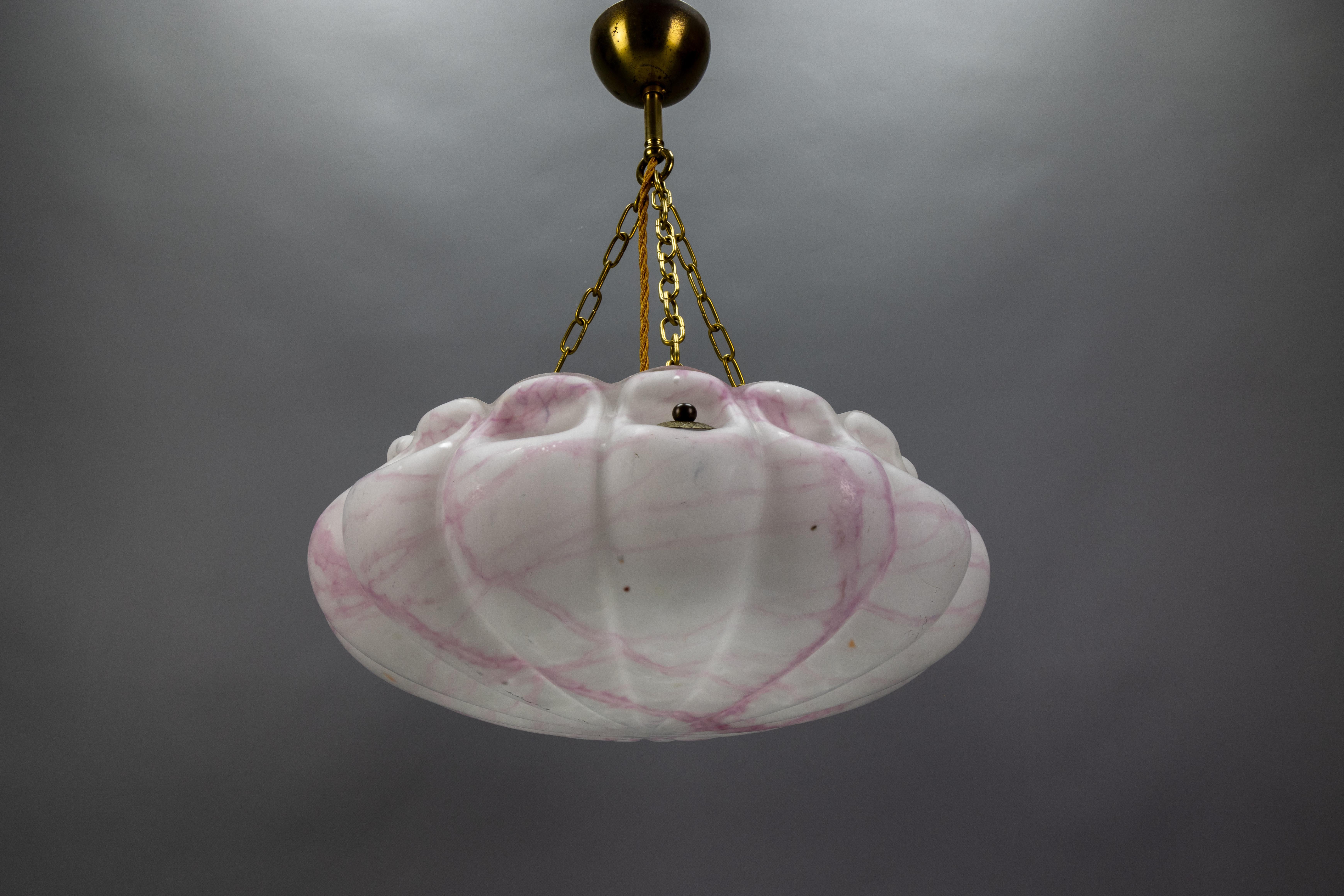 Art Deco White and Pink Marbled Glass and Brass Pendant Light, 1930s For Sale 8