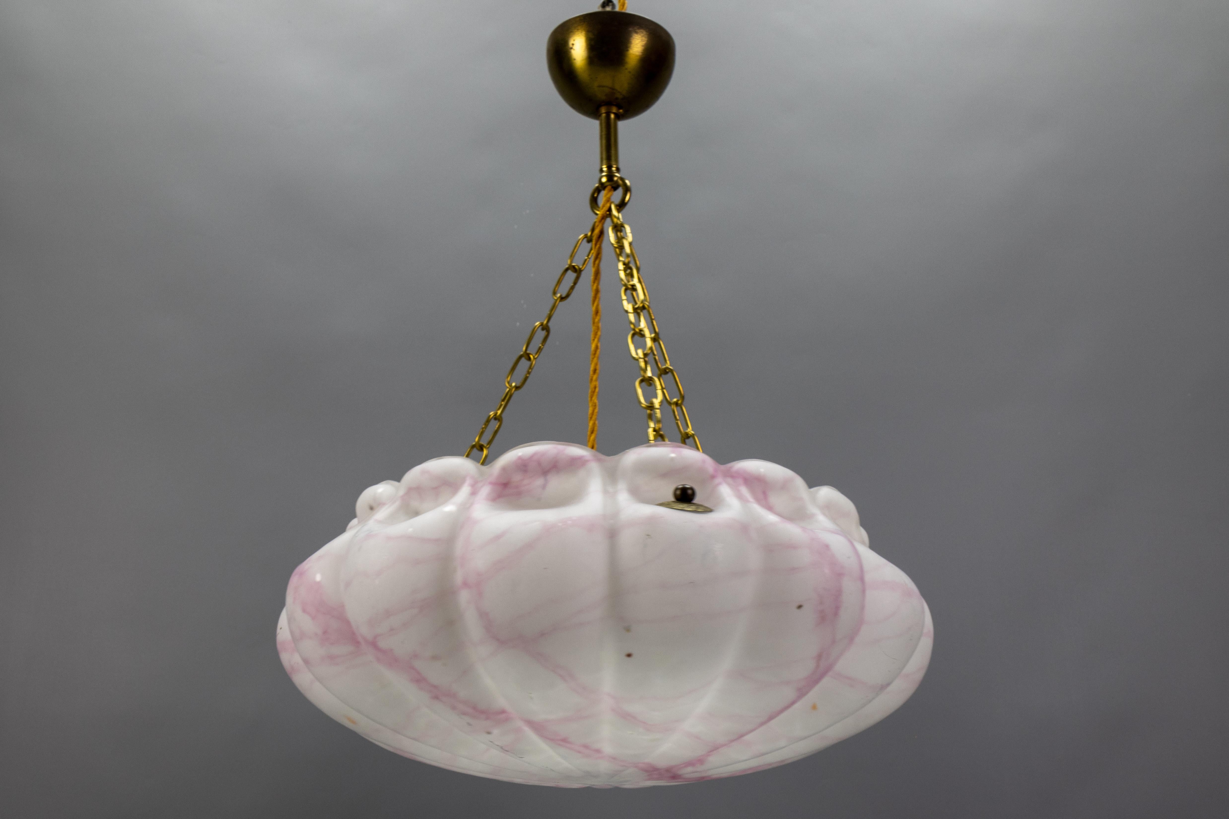 Art Deco White and Pink Marbled Glass and Brass Pendant Light, 1930s For Sale 10